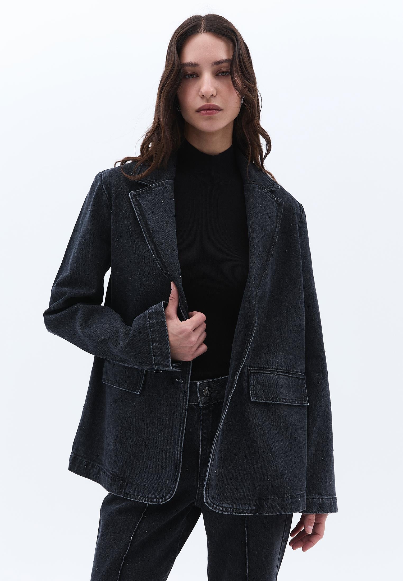 Double-Breasted Collar Oversize Tunic Blazer Jacket - BLACK DENIM