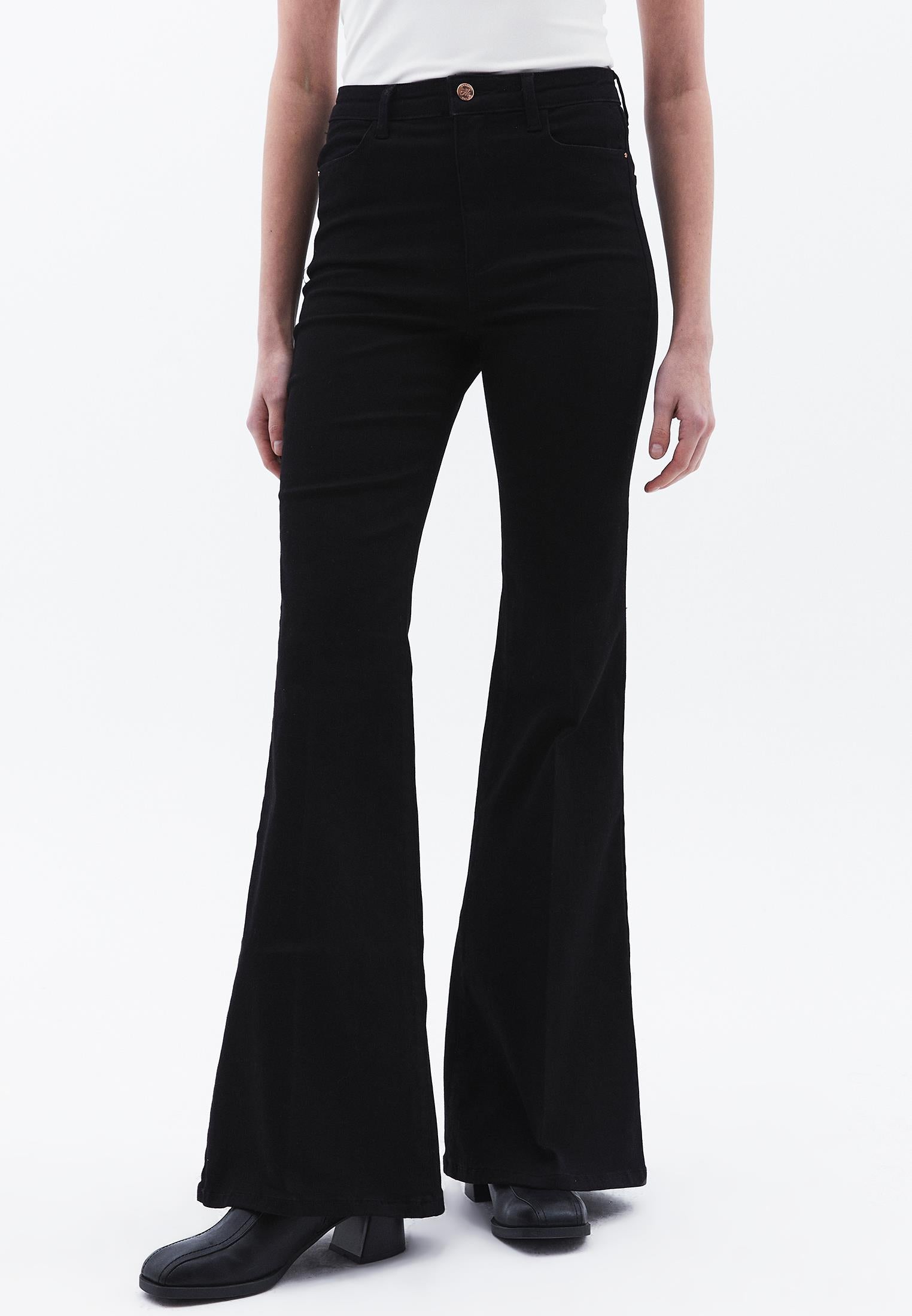 Ultra High Waist Flared Pants With Button Details - BLACK DENIM