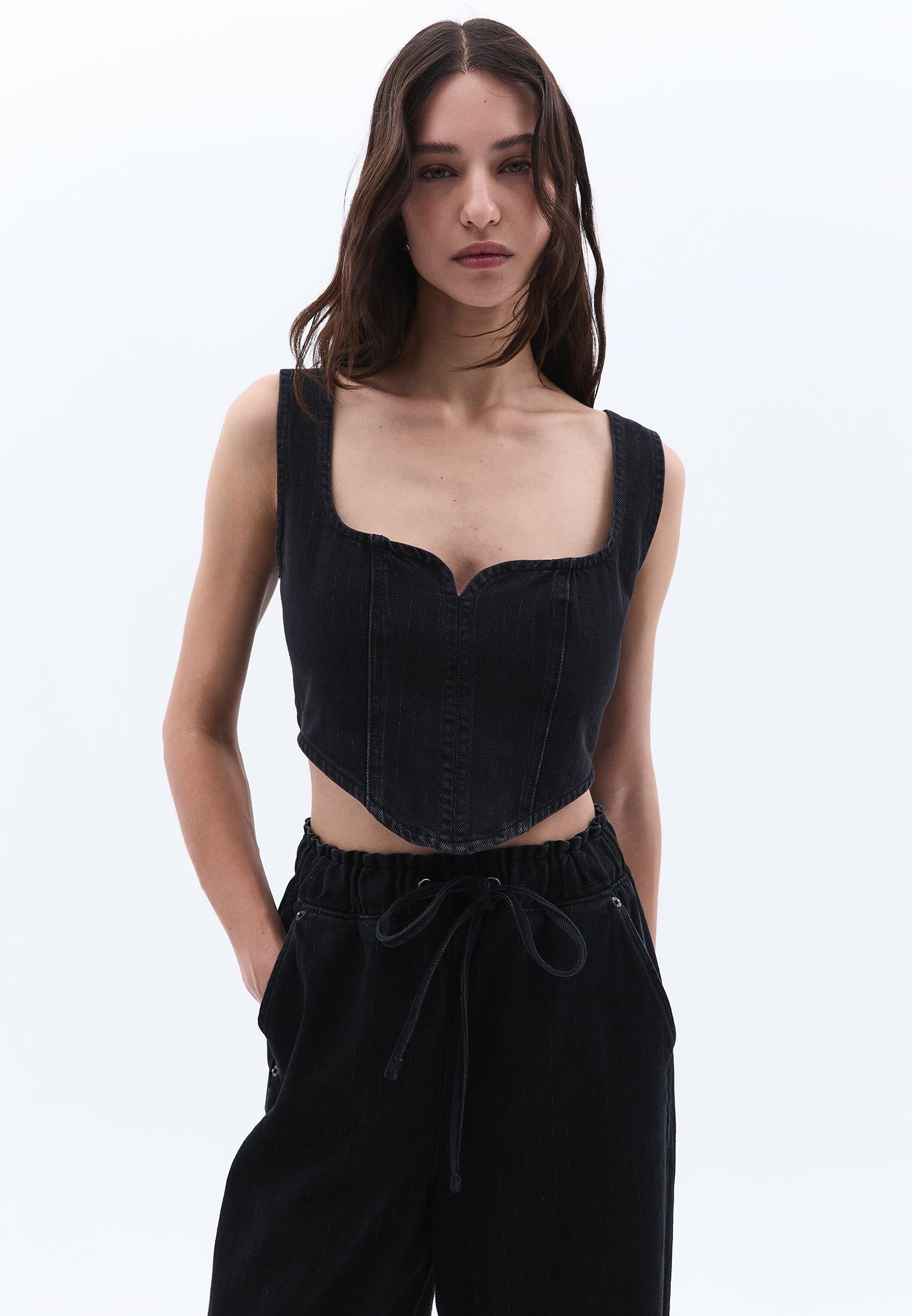 Striped Crop Tank - BLACK DENIM