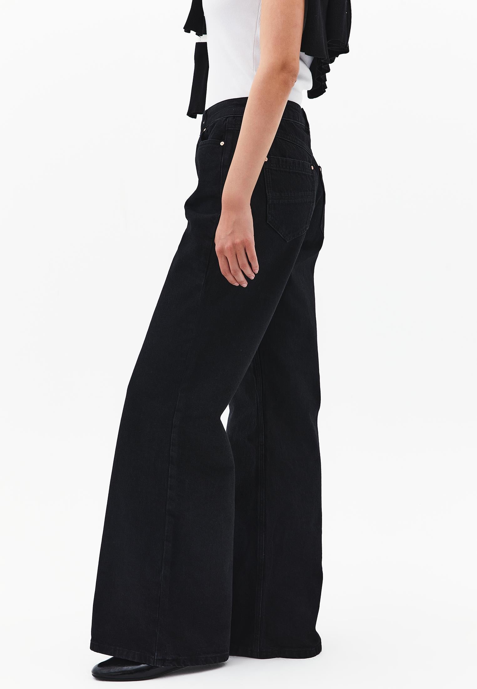 Wide Leg High Waist Denim Pants With Pocket Details - BLACK DENIM