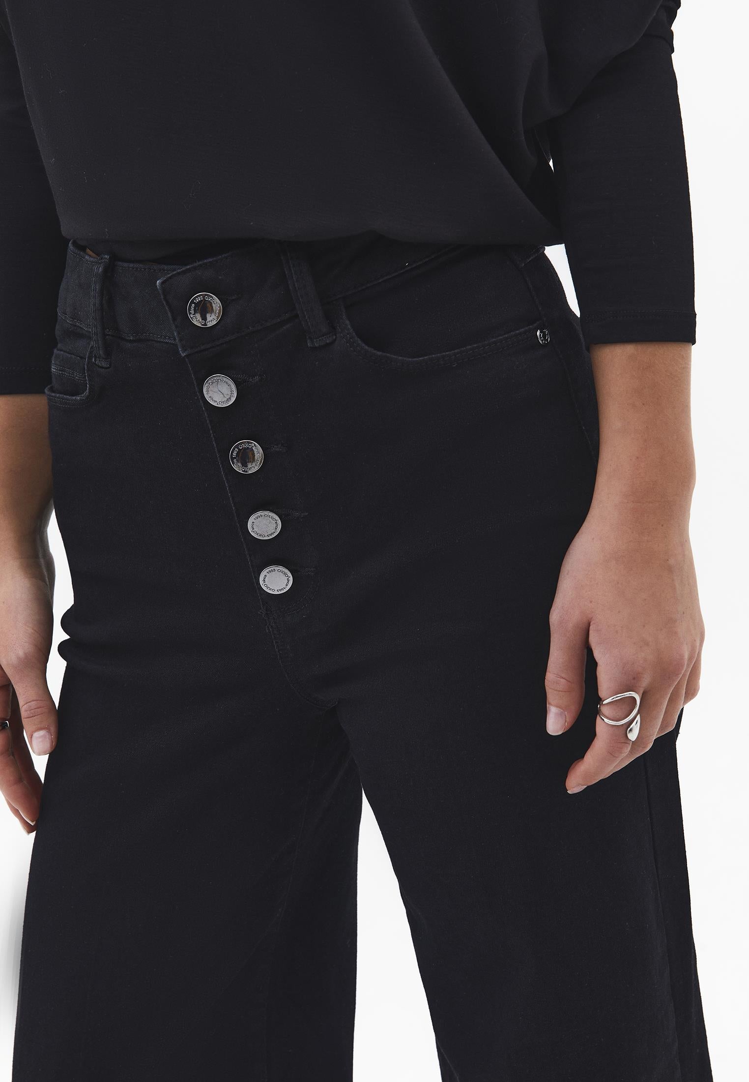 Button Detailed Wide Leg High Waist Denim Pants - BLACK DENIM
