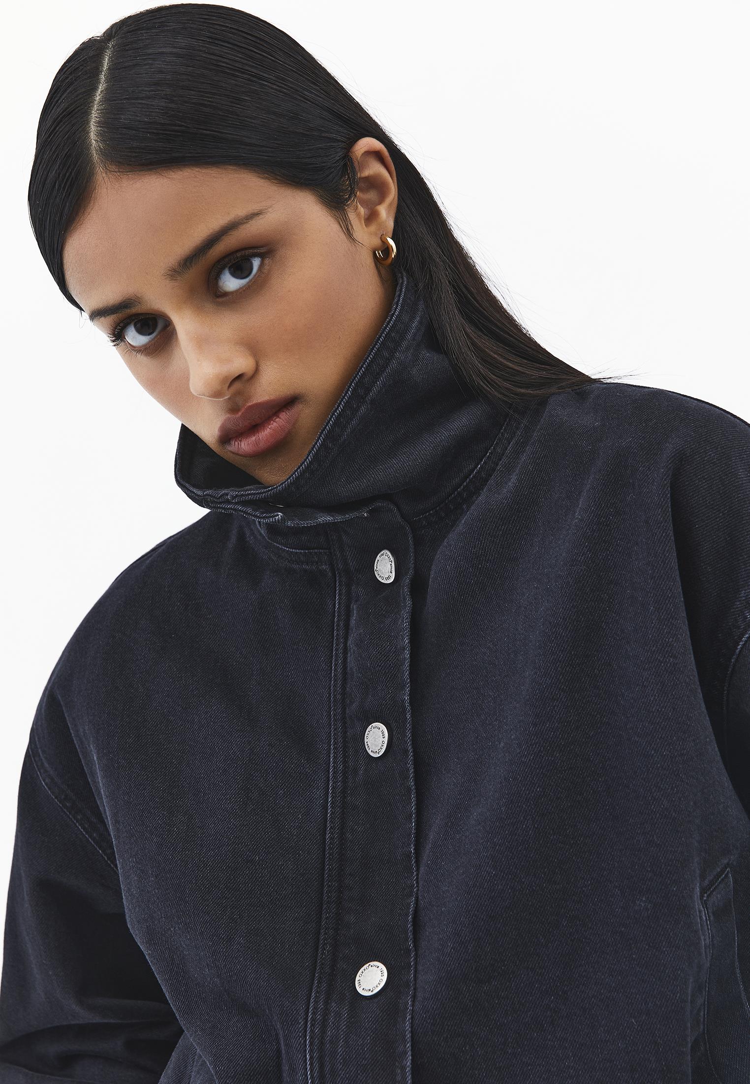 Oversize High Neck Bomber Jacket - BLACK DENIM