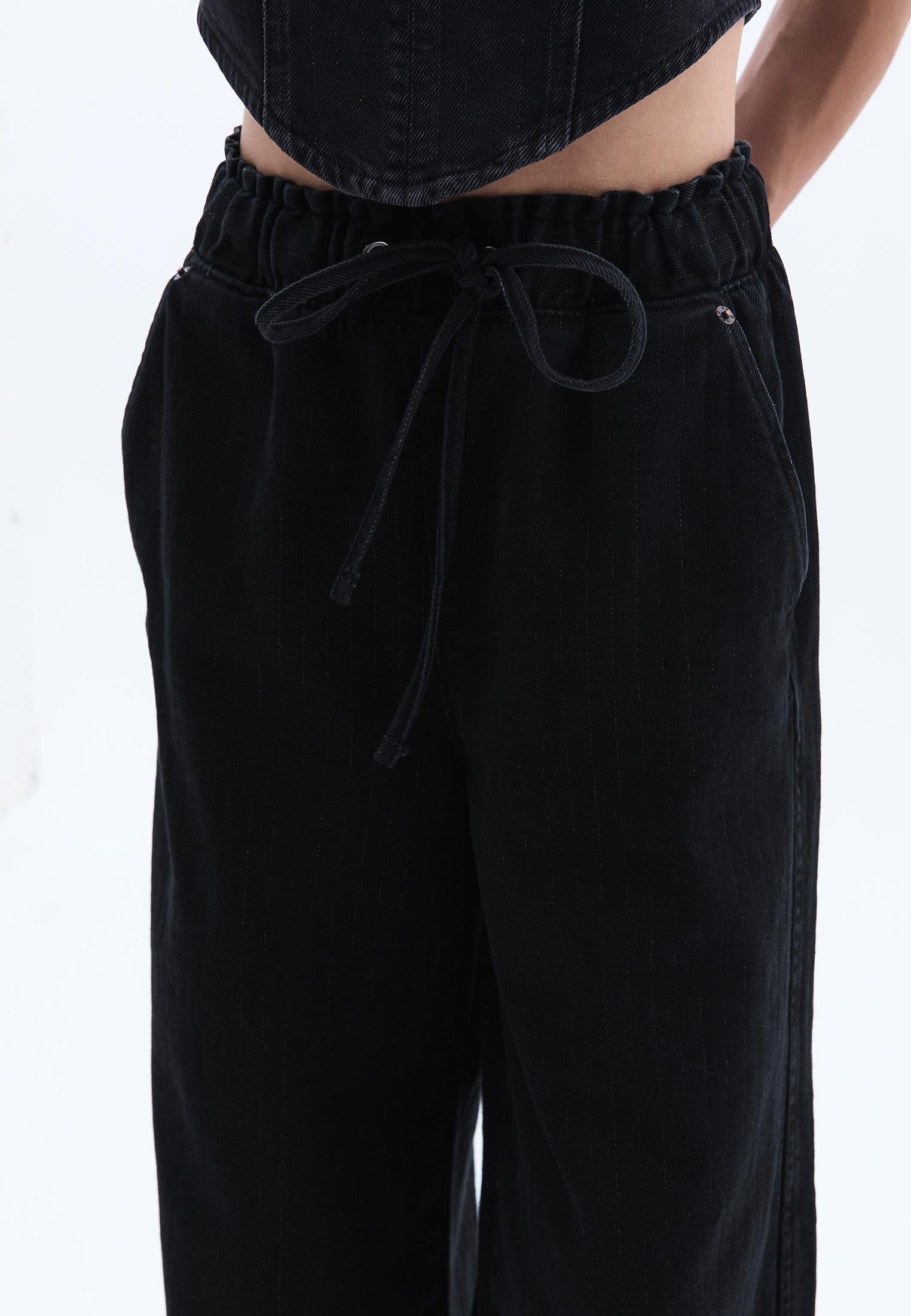 Striped Wide Leg Pants With Pocket Detail - BLACK DENIM
