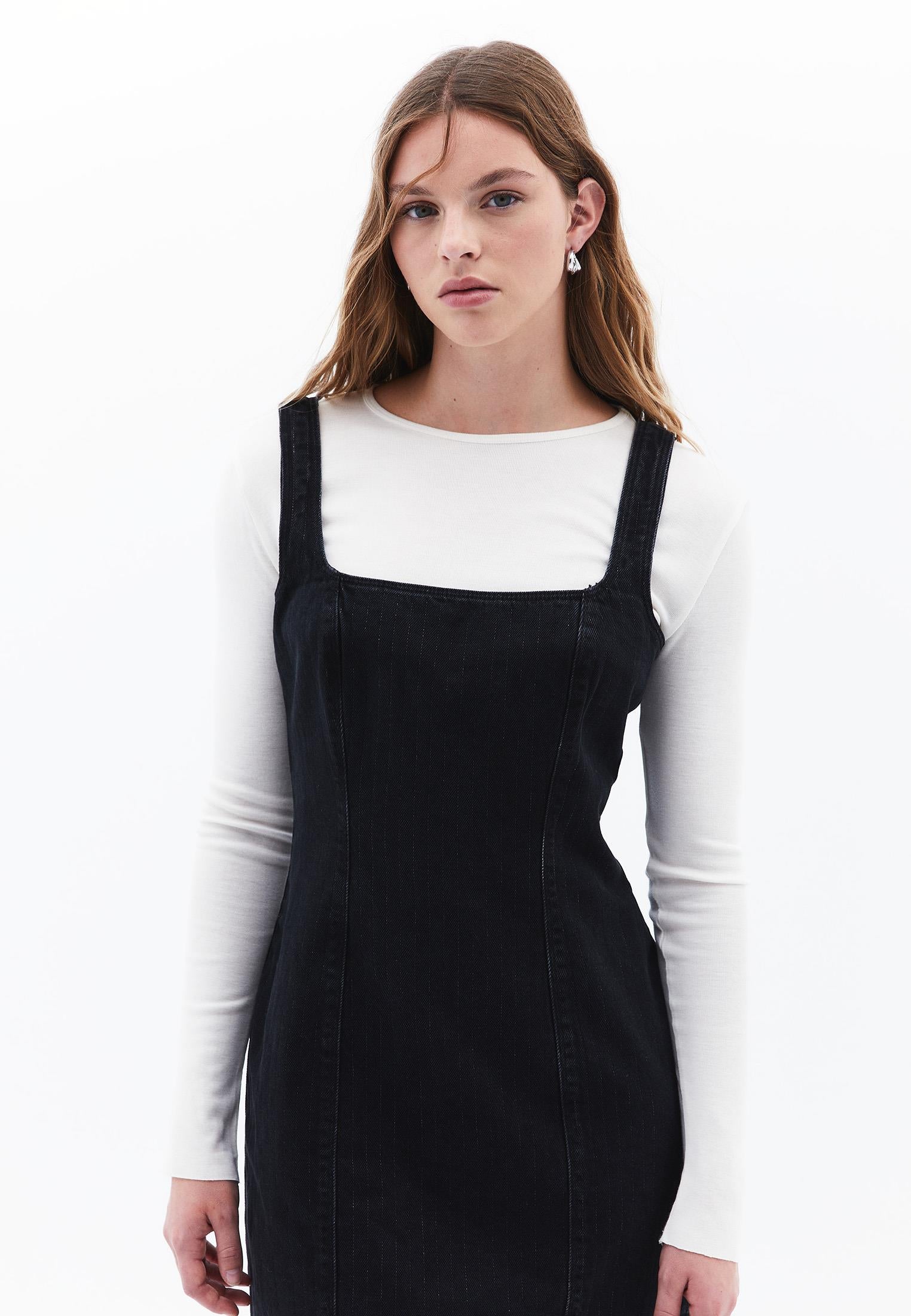 Short Dress With Square Neckline - BLACK DENIM