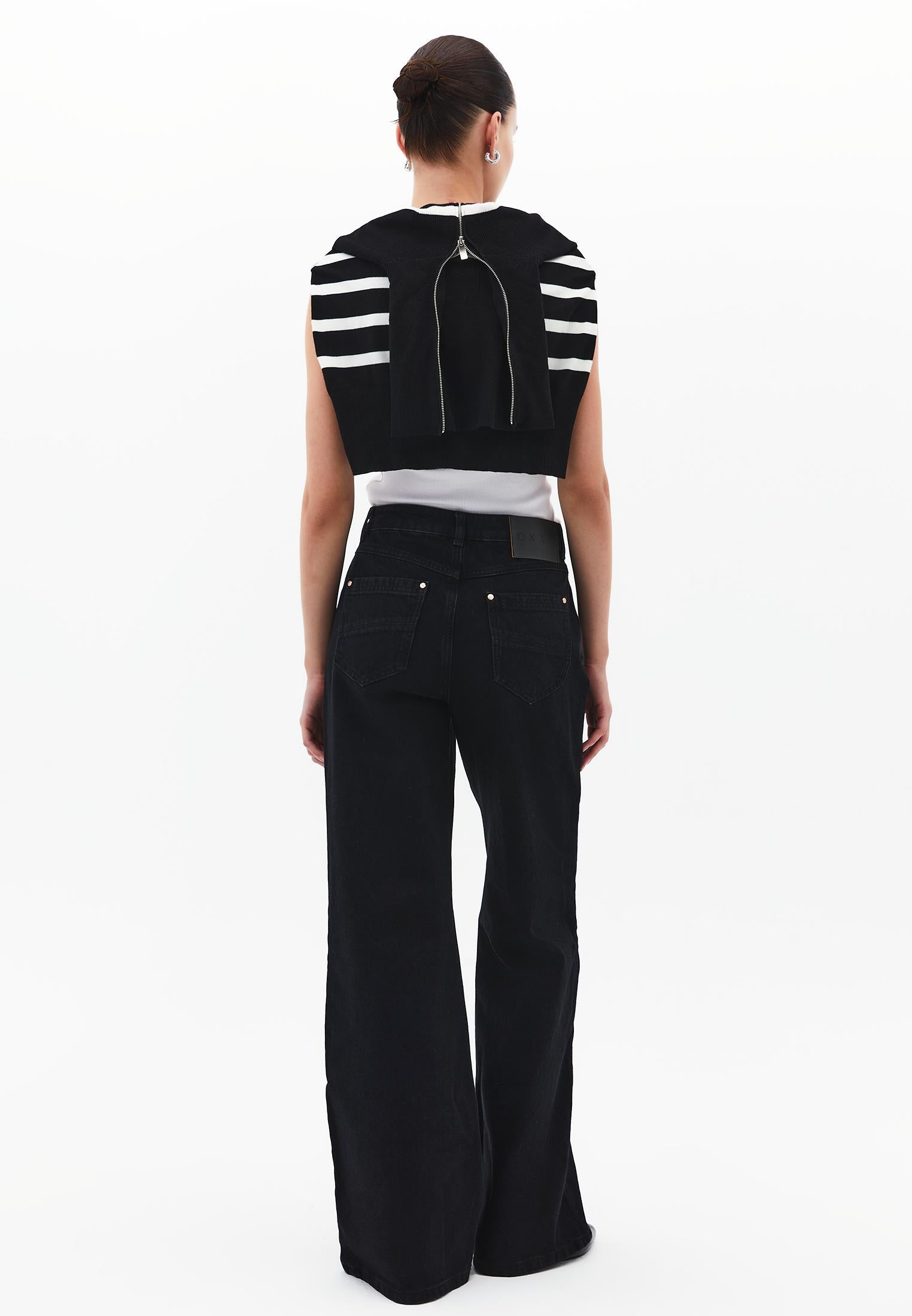 Wide Leg High Waist Denim Pants With Pocket Details - BLACK DENIM