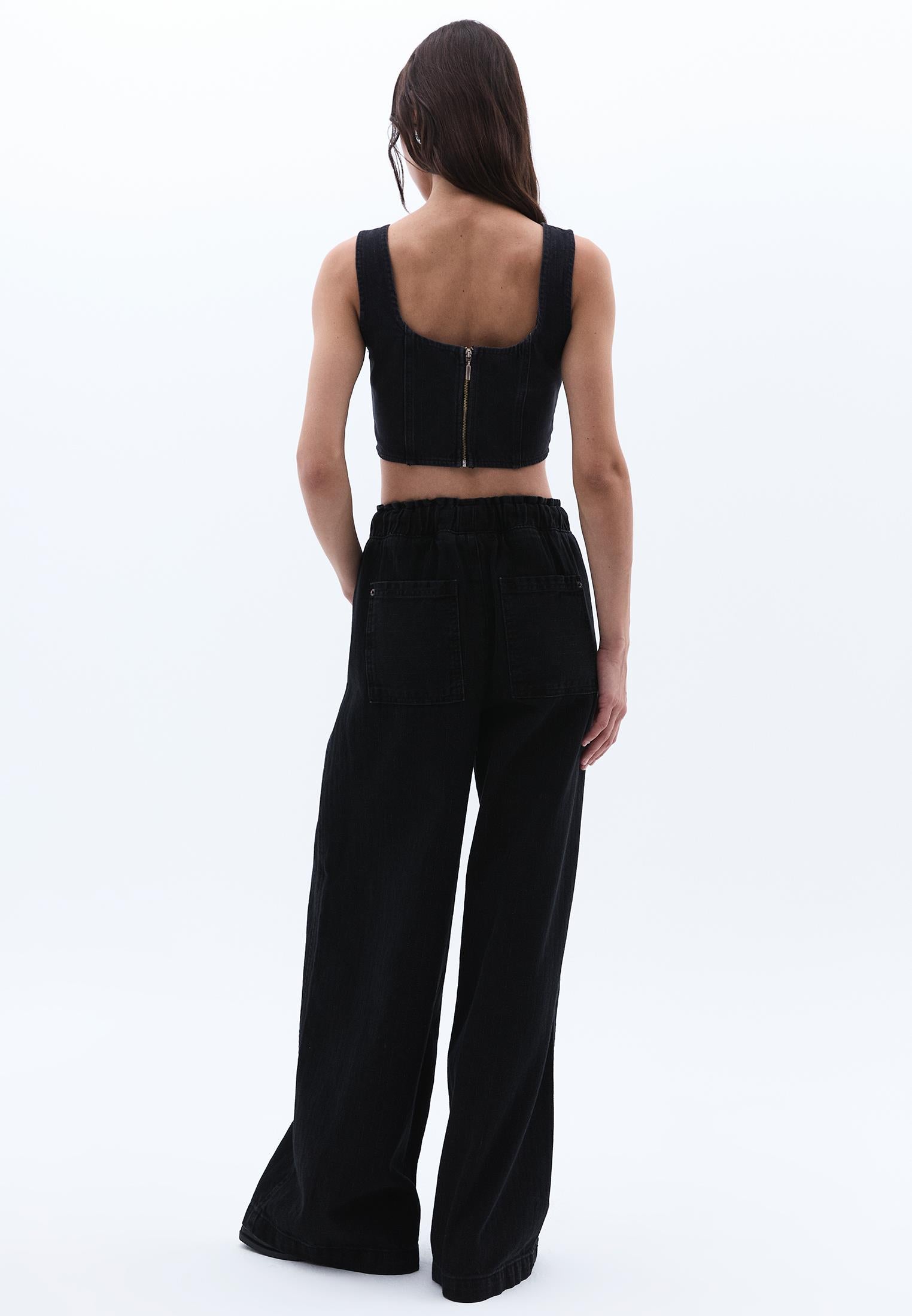 Striped Wide Leg Pants With Pocket Detail - BLACK DENIM