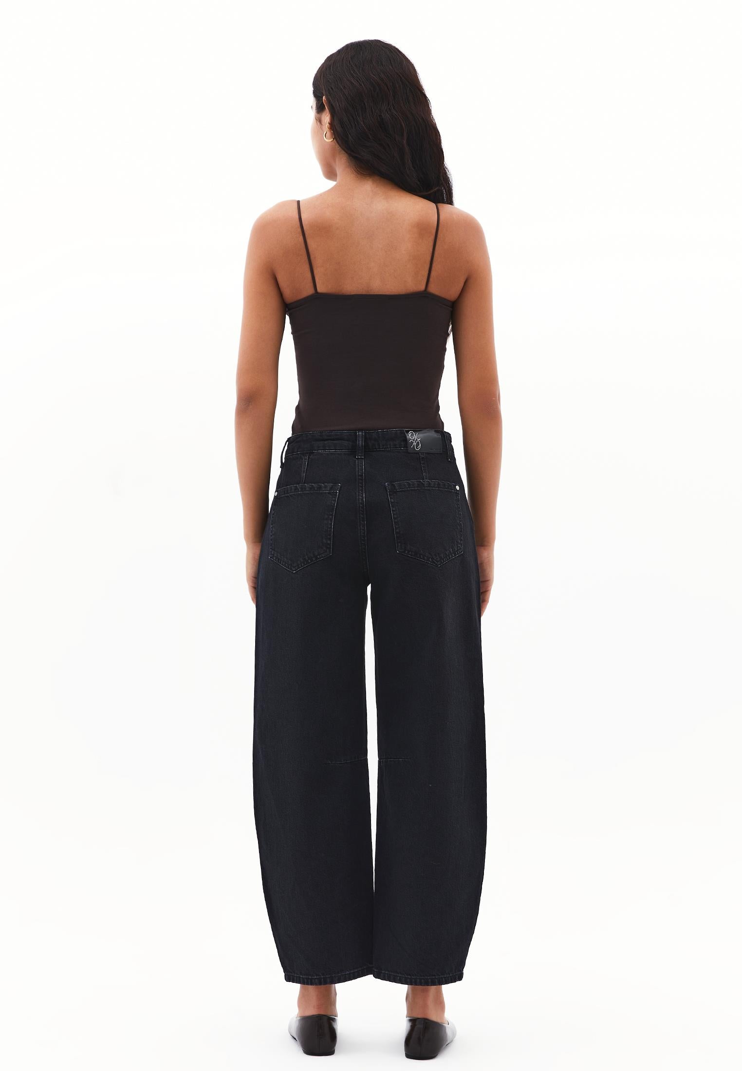 Cut Detail Barrel Leg Regular Waist Denim Pants - BLACK DENIM