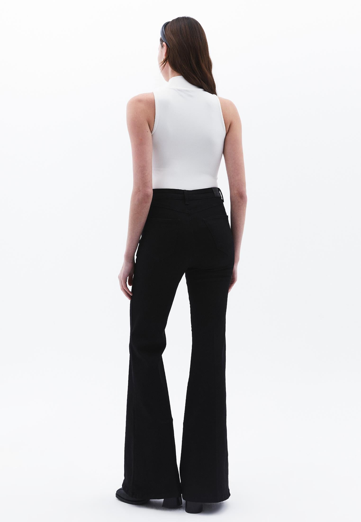 Ultra High Waist Flared Pants With Button Details - BLACK DENIM