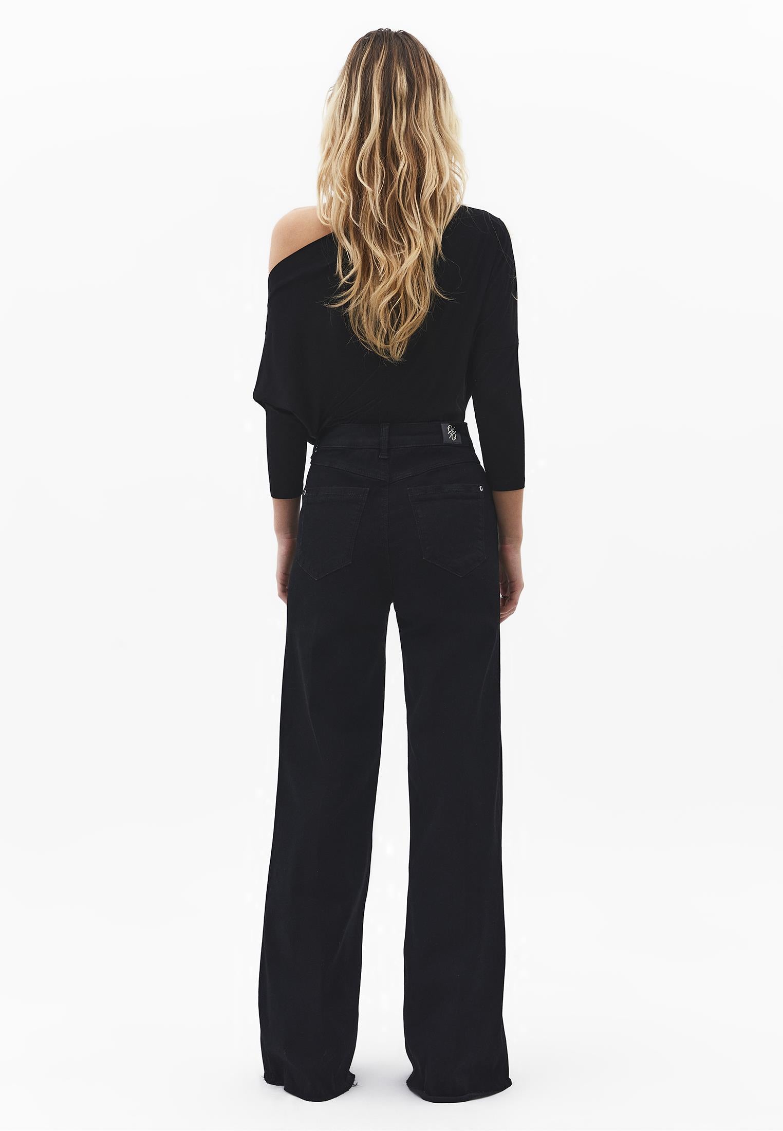 Button Detailed Wide Leg High Waist Denim Pants - BLACK DENIM
