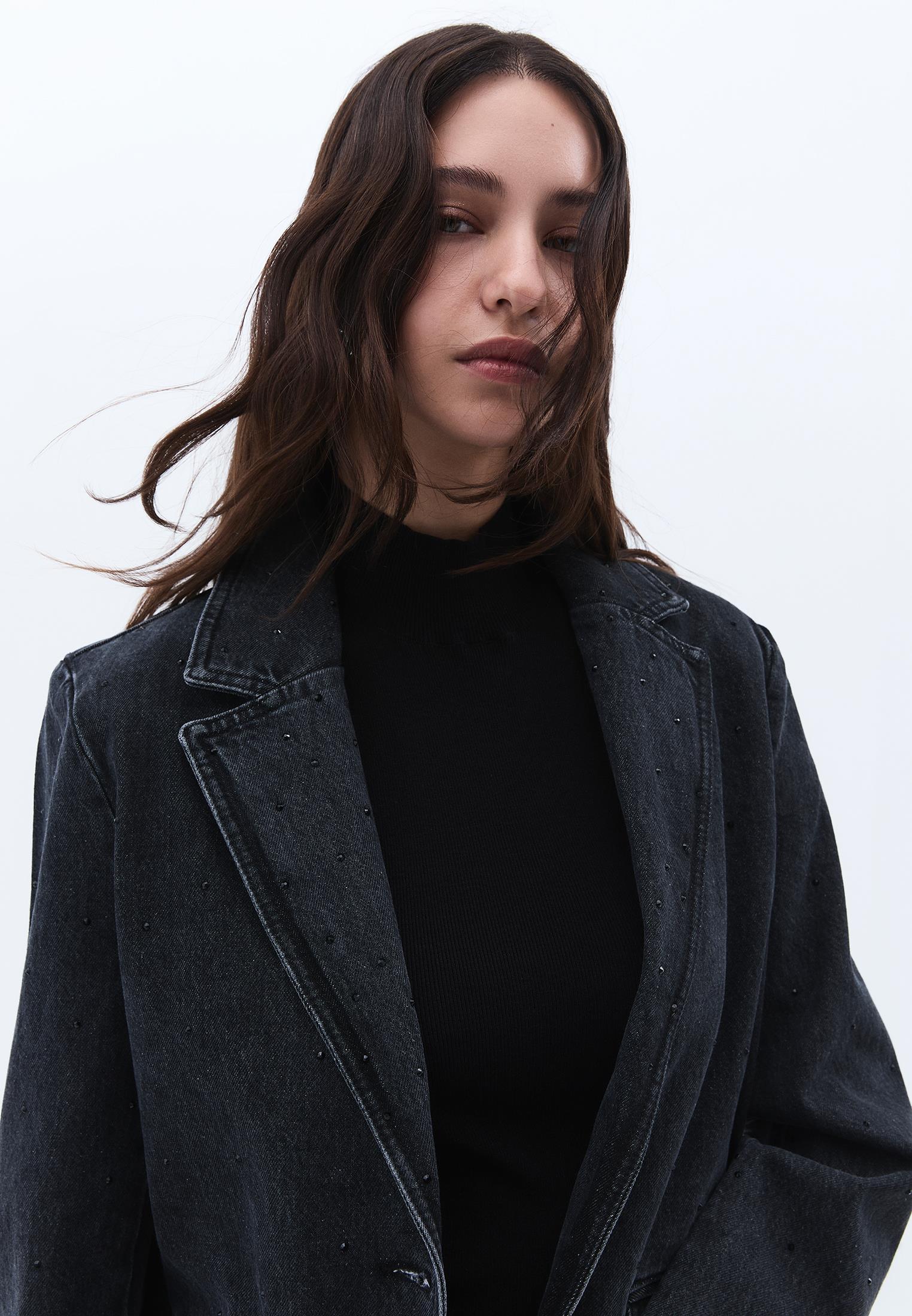 Double-Breasted Collar Oversize Tunic Blazer Jacket - BLACK DENIM