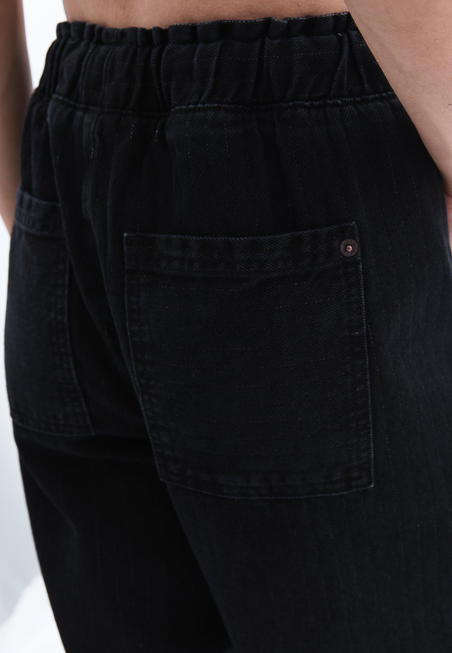 Striped Wide Leg Pants With Pocket Detail - BLACK DENIM