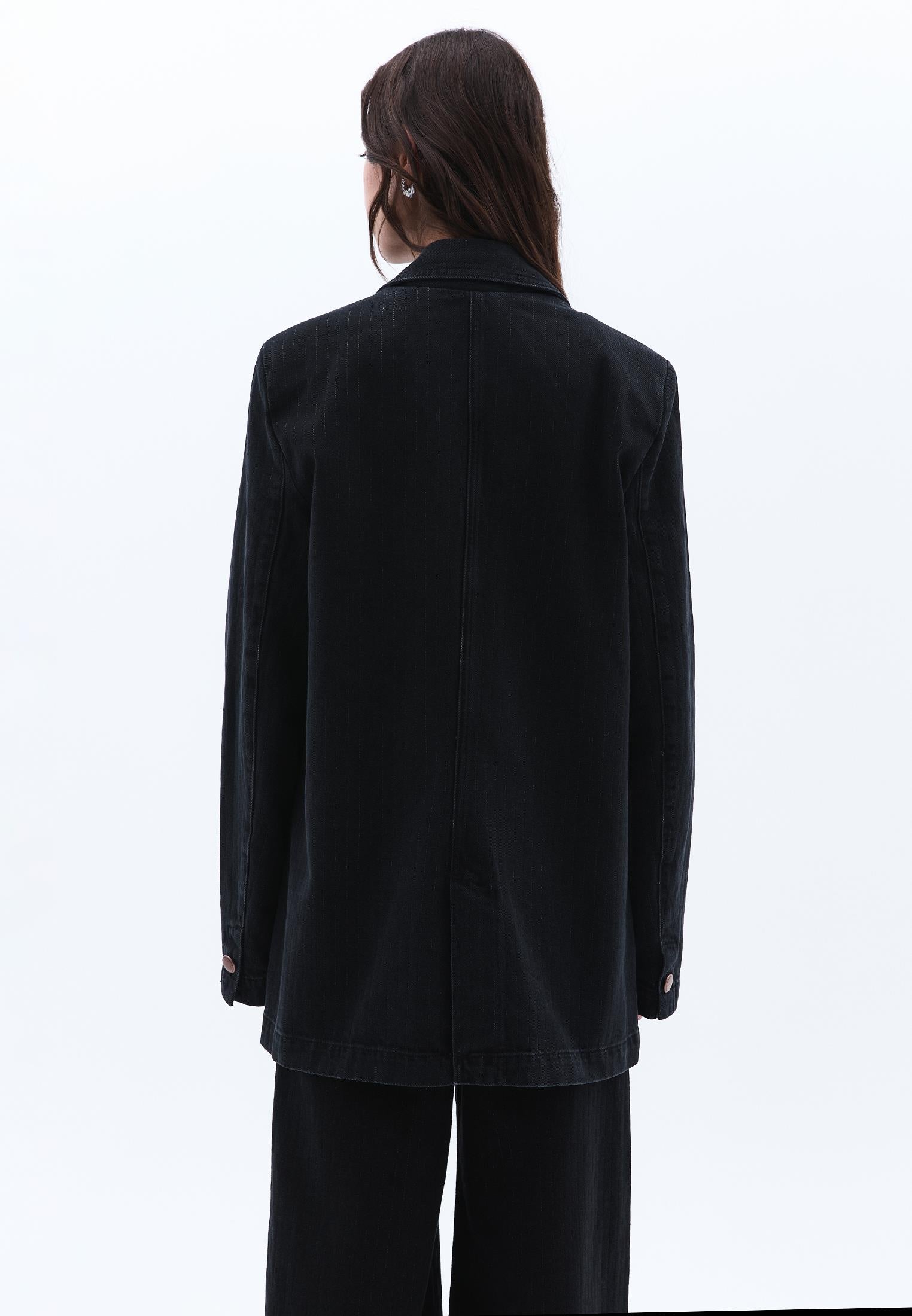 Double Breasted Lapel Boyfriend Blazer Jacket - BLACK DENIM