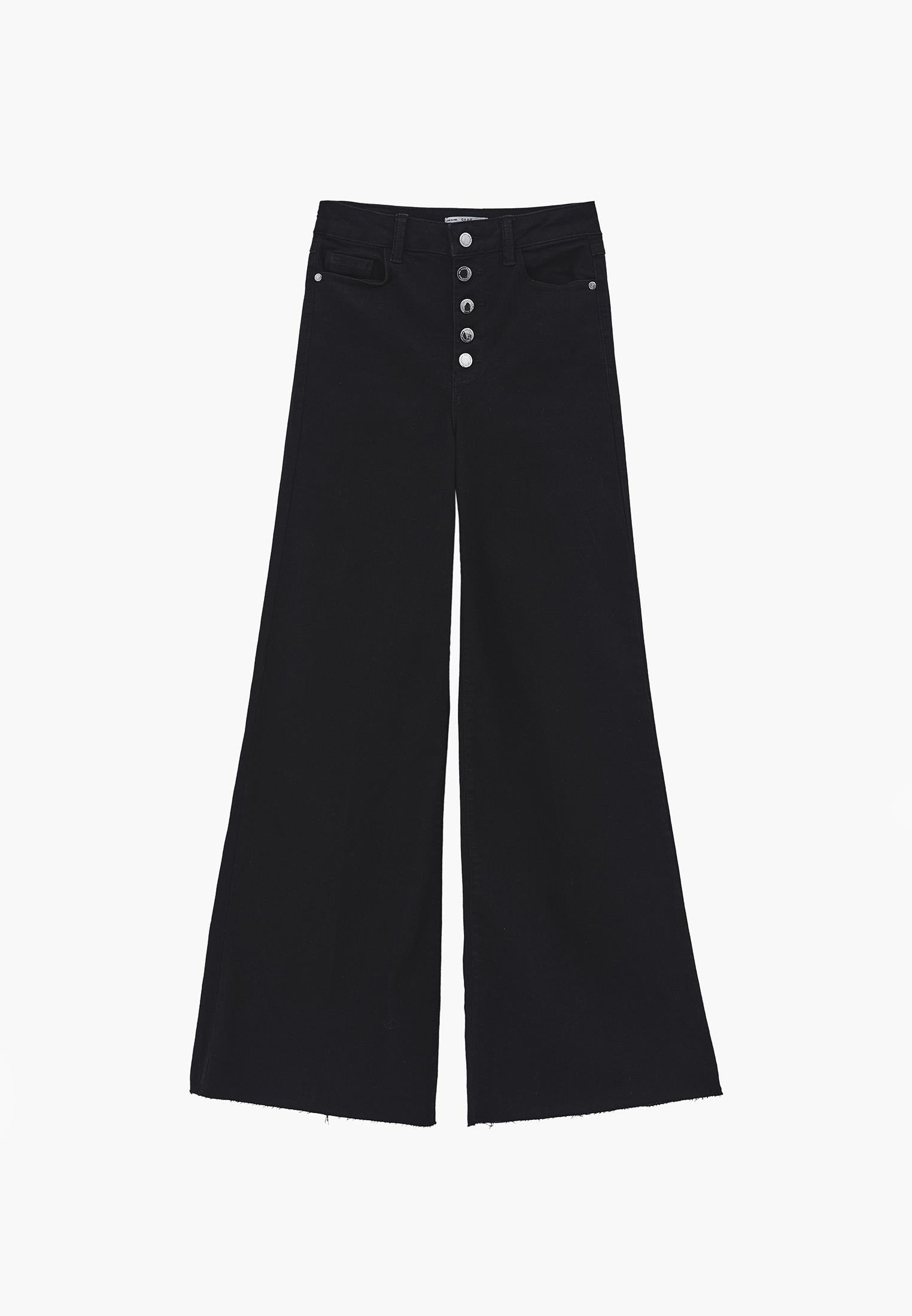 Button Detailed Wide Leg High Waist Denim Pants - BLACK DENIM