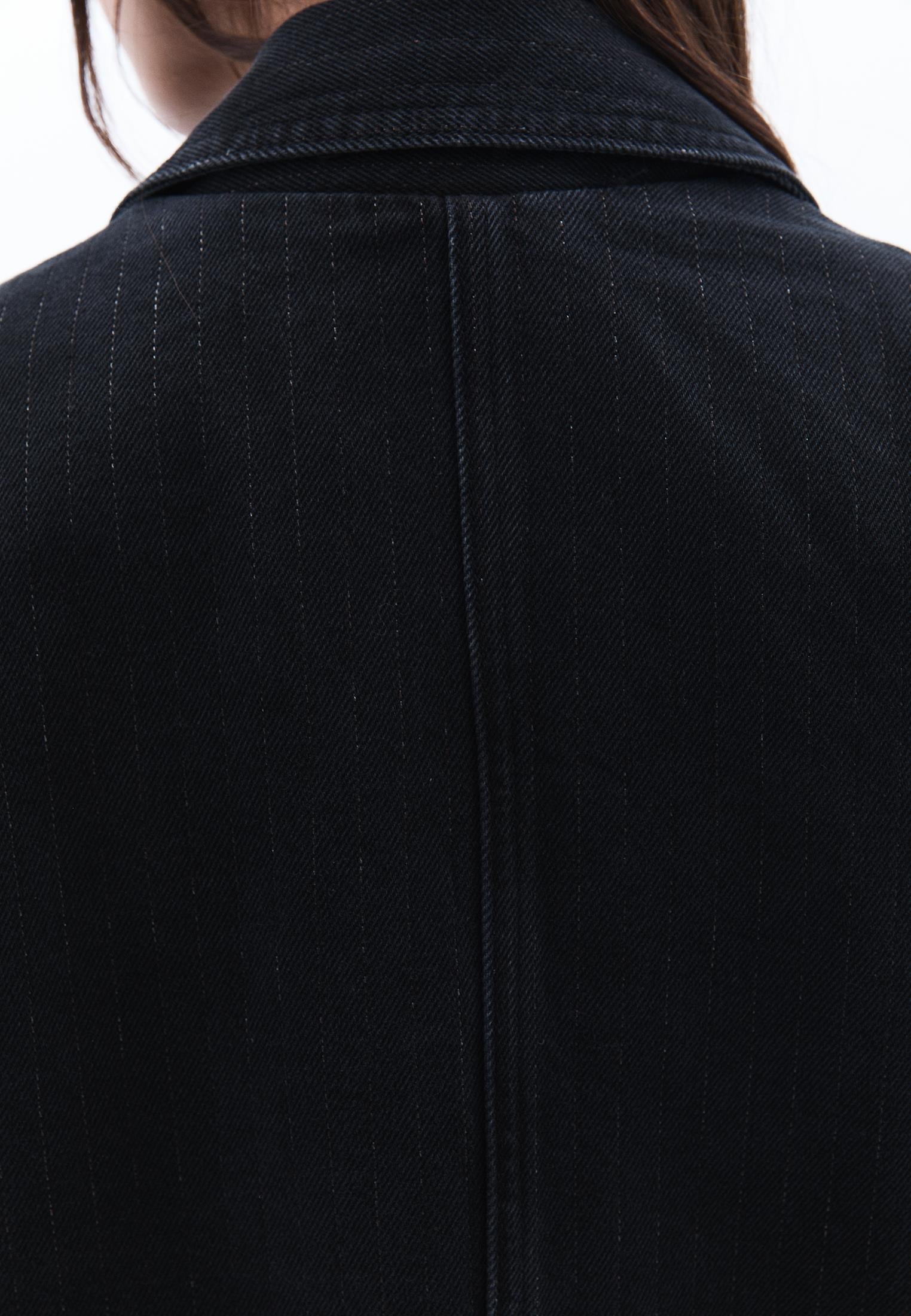 Double Breasted Lapel Boyfriend Blazer Jacket - BLACK DENIM