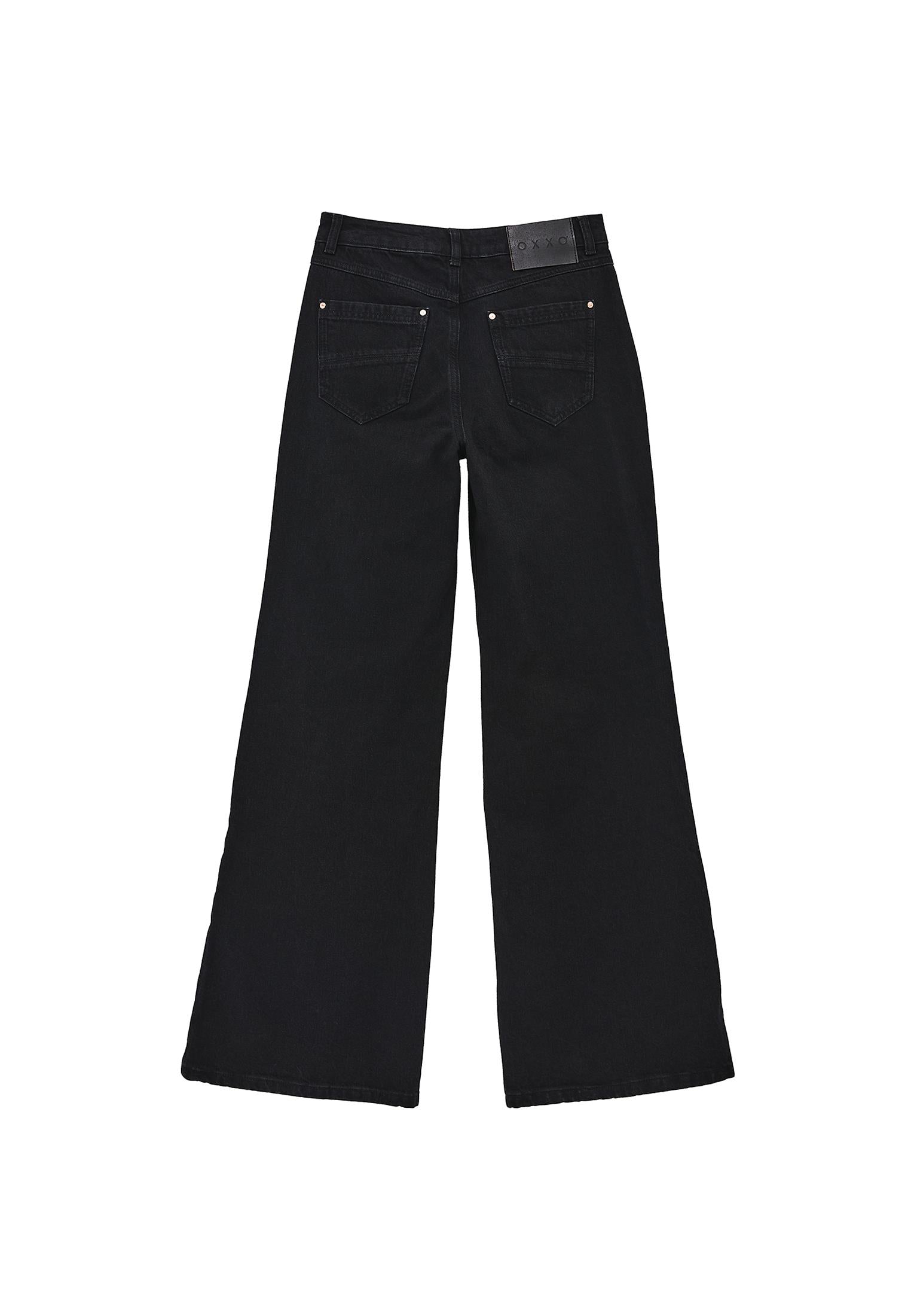 Wide Leg High Waist Denim Pants With Pocket Details - BLACK DENIM