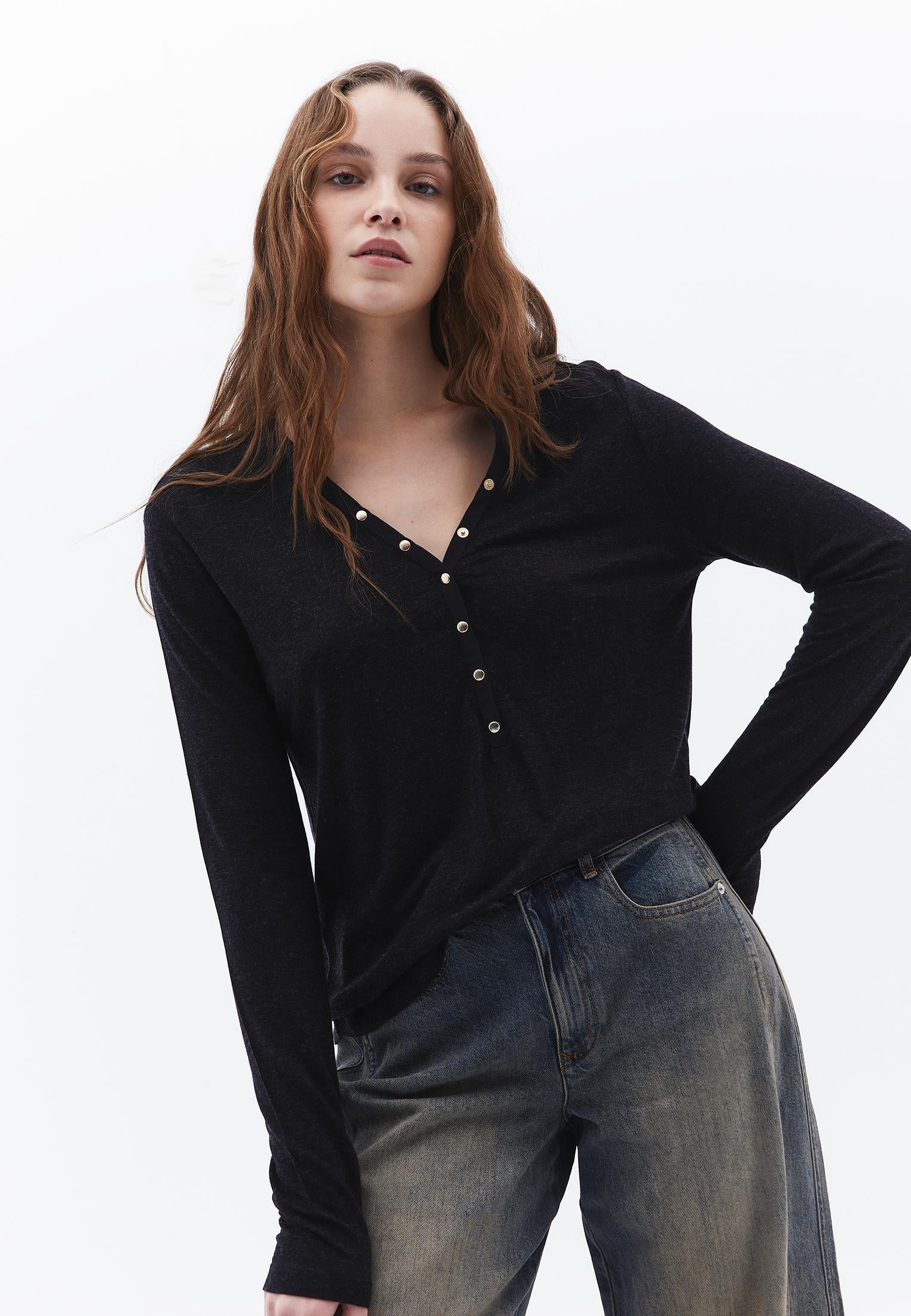 V Neck Long Sleeve T Shirt - BLACK MELANGE