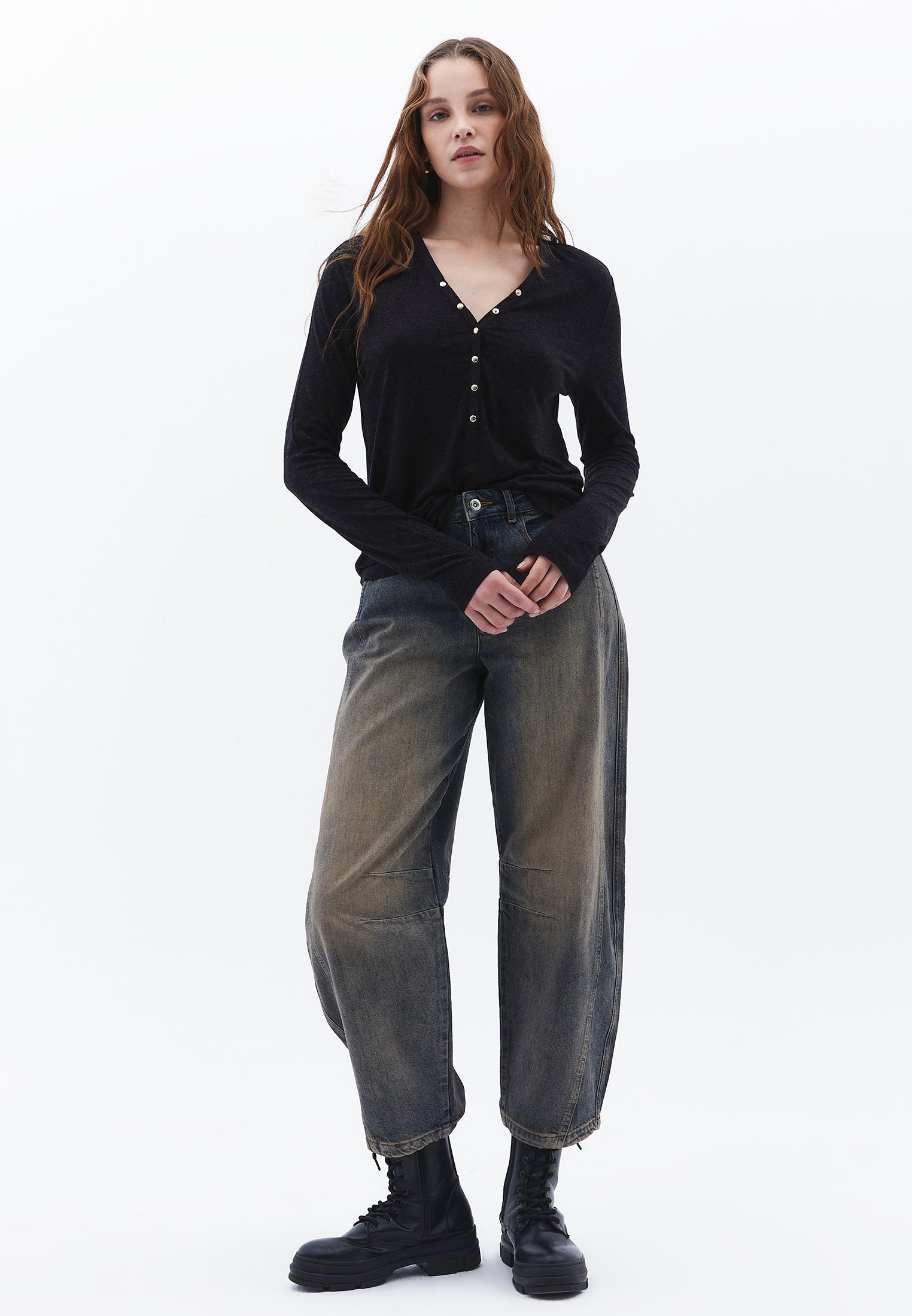 V Neck Long Sleeve T Shirt - BLACK MELANGE