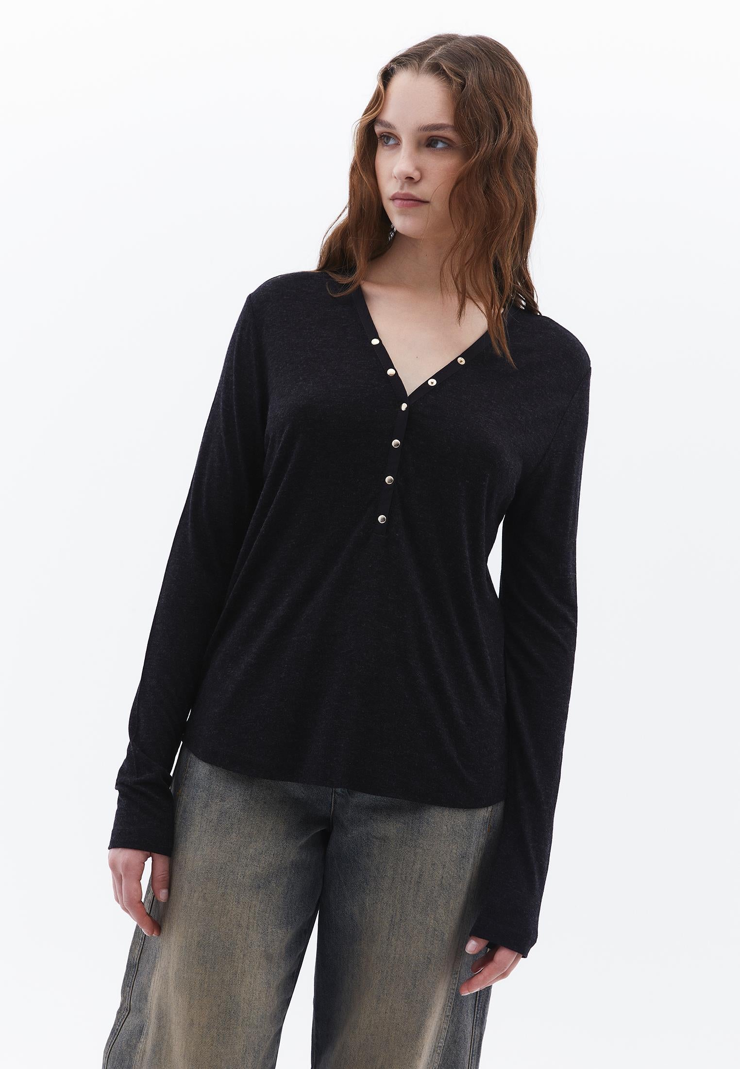 V Neck Long Sleeve T Shirt - BLACK MELANGE