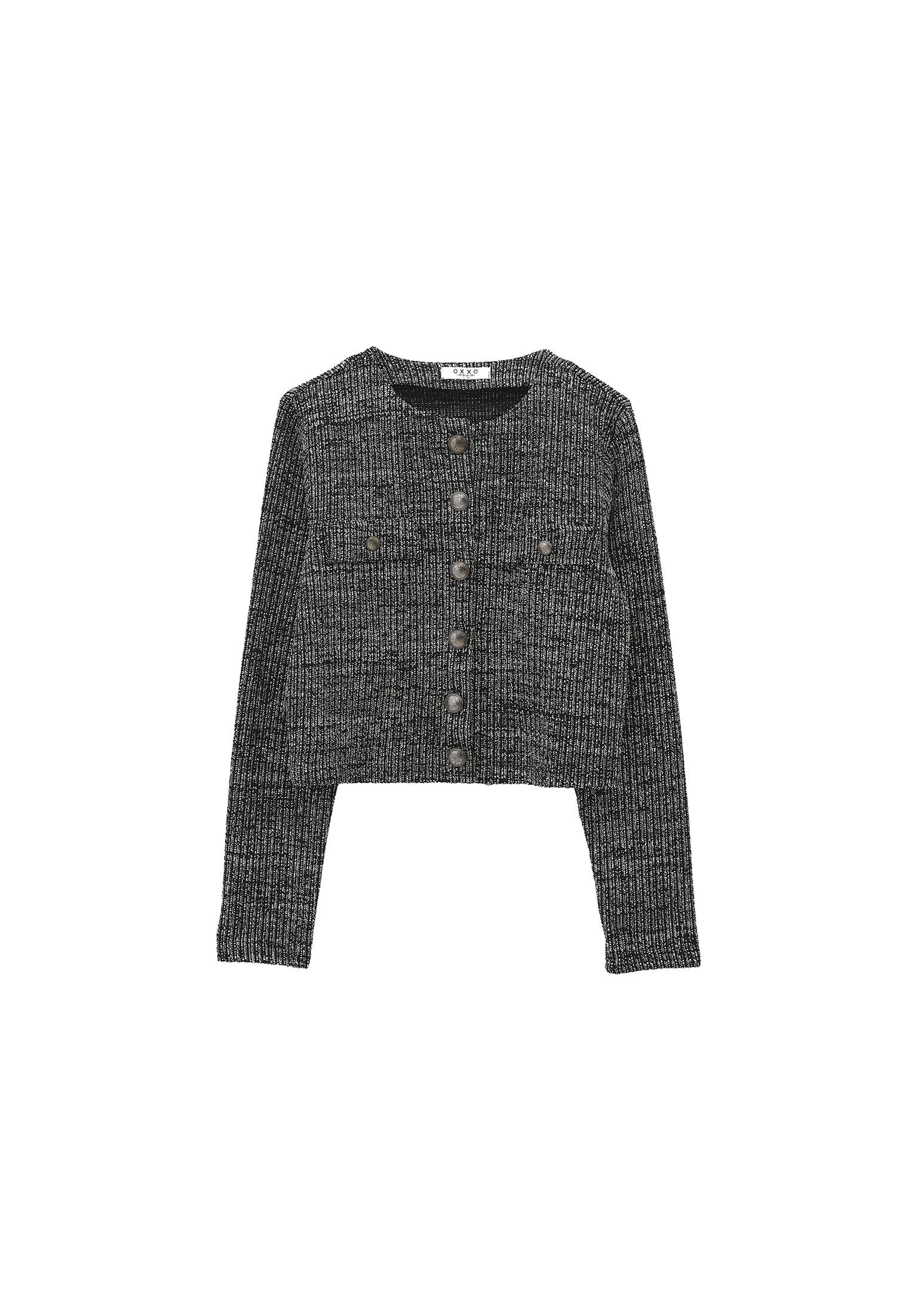 Buttoned Round Neck Cardigan - BLACK MELANGE