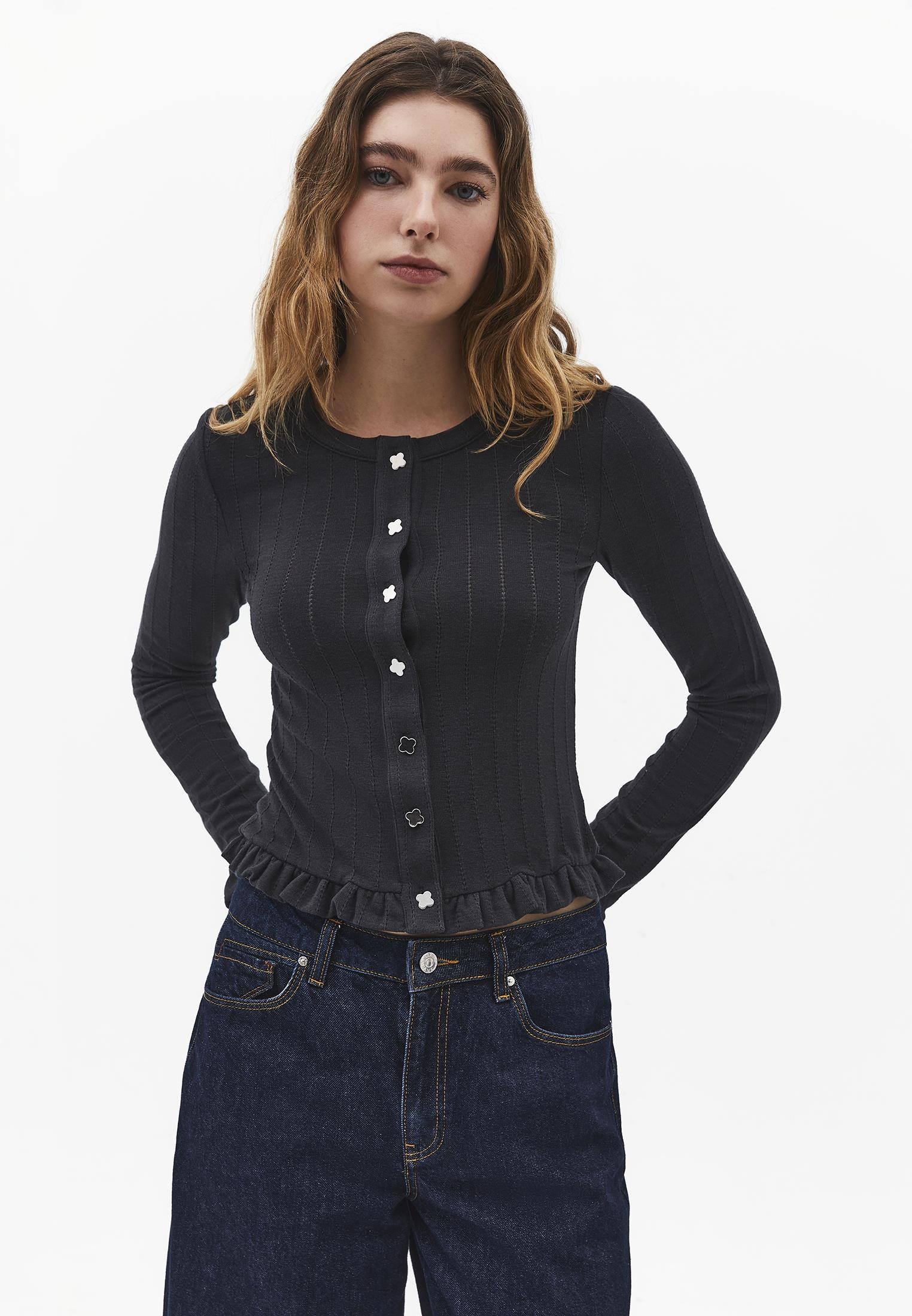 Cardigan With Ruffle Details And Round Neckline - BLACK SAND