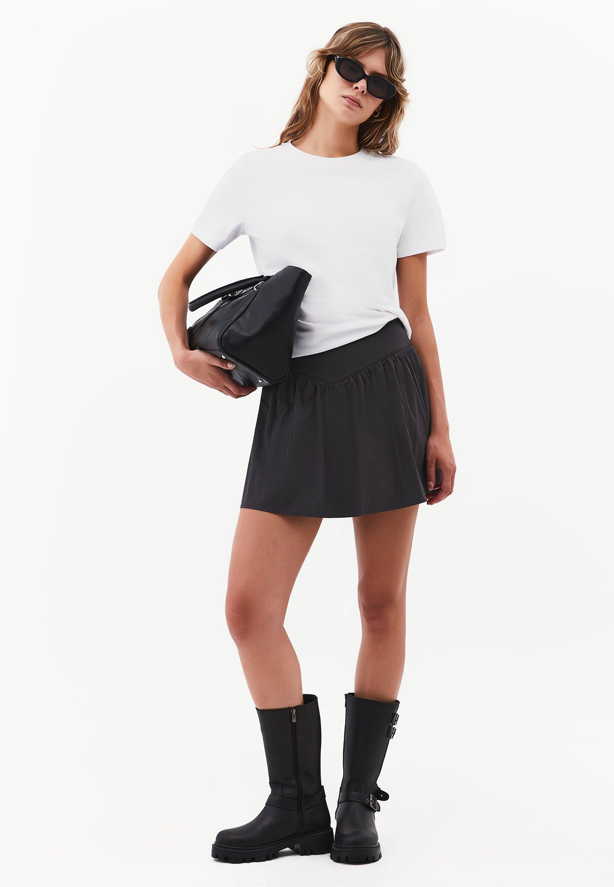 Ultra High Waist A-Line Ruched Mini Skirt - BLACK SAND