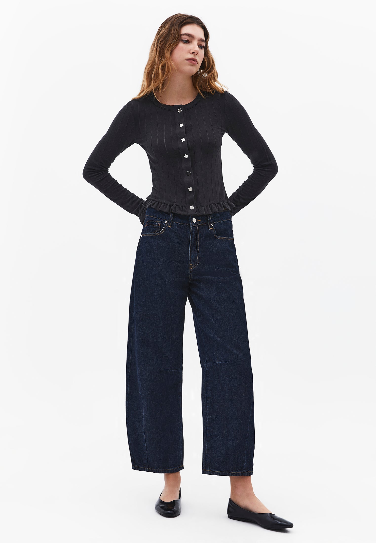 Cardigan With Ruffle Details And Round Neckline - BLACK SAND