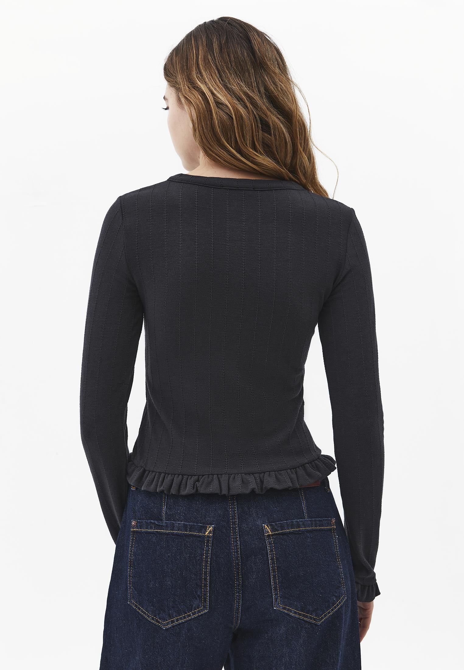Cardigan With Ruffle Details And Round Neckline - BLACK SAND