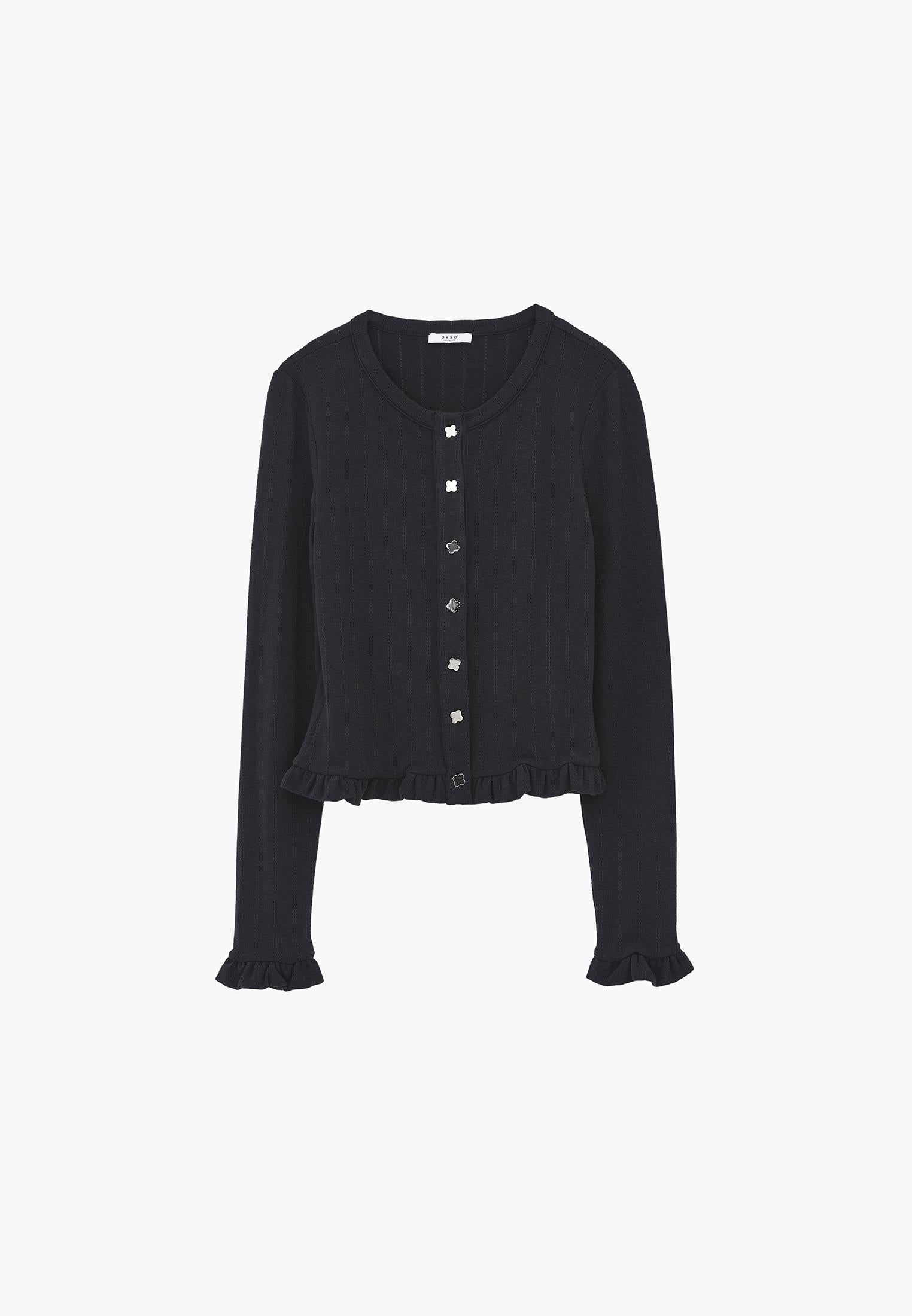 Cardigan With Ruffle Details And Round Neckline - BLACK SAND
