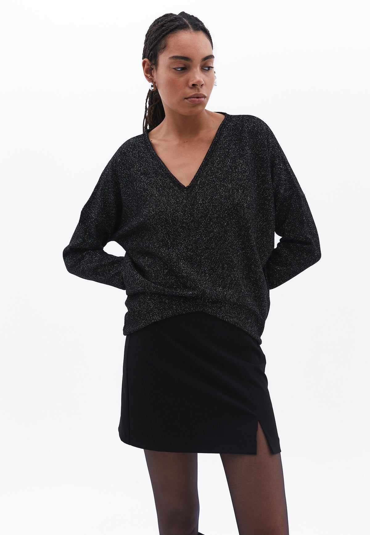 V Neck Glitter Sweater - BLACK SHINY