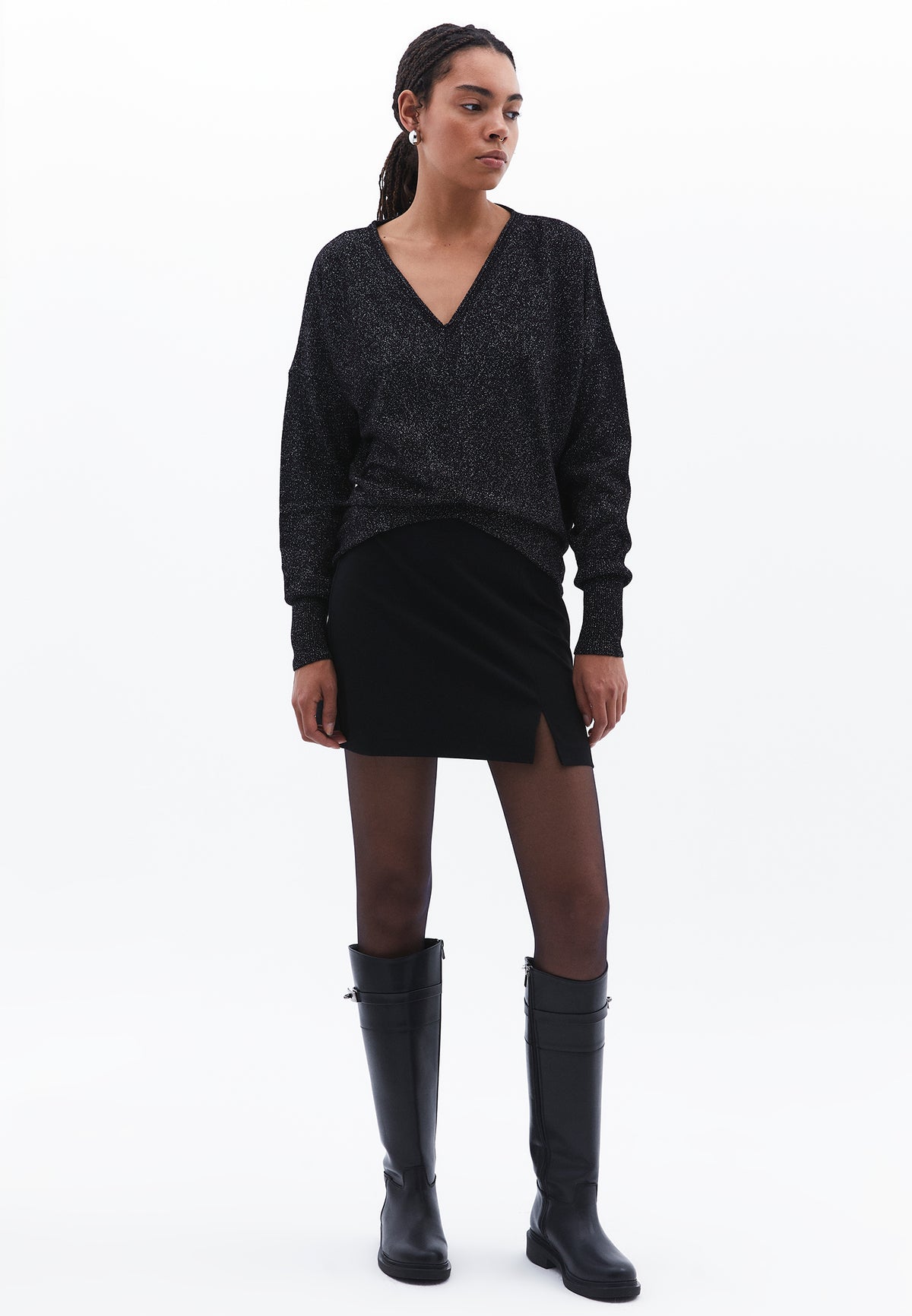 V Neck Glitter Sweater - BLACK SHINY