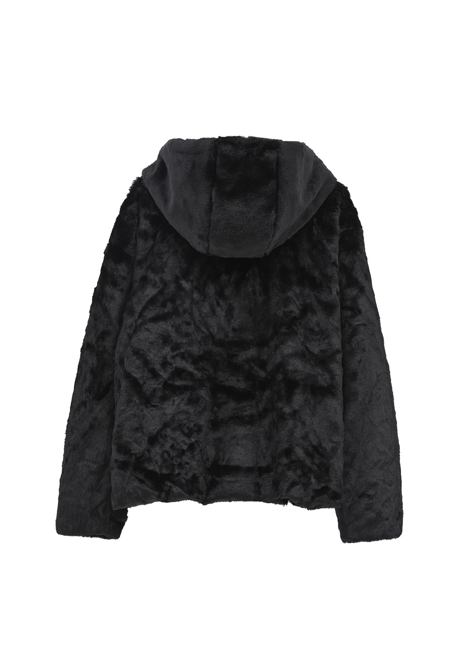 Hooded Fur Jacket - BLACK