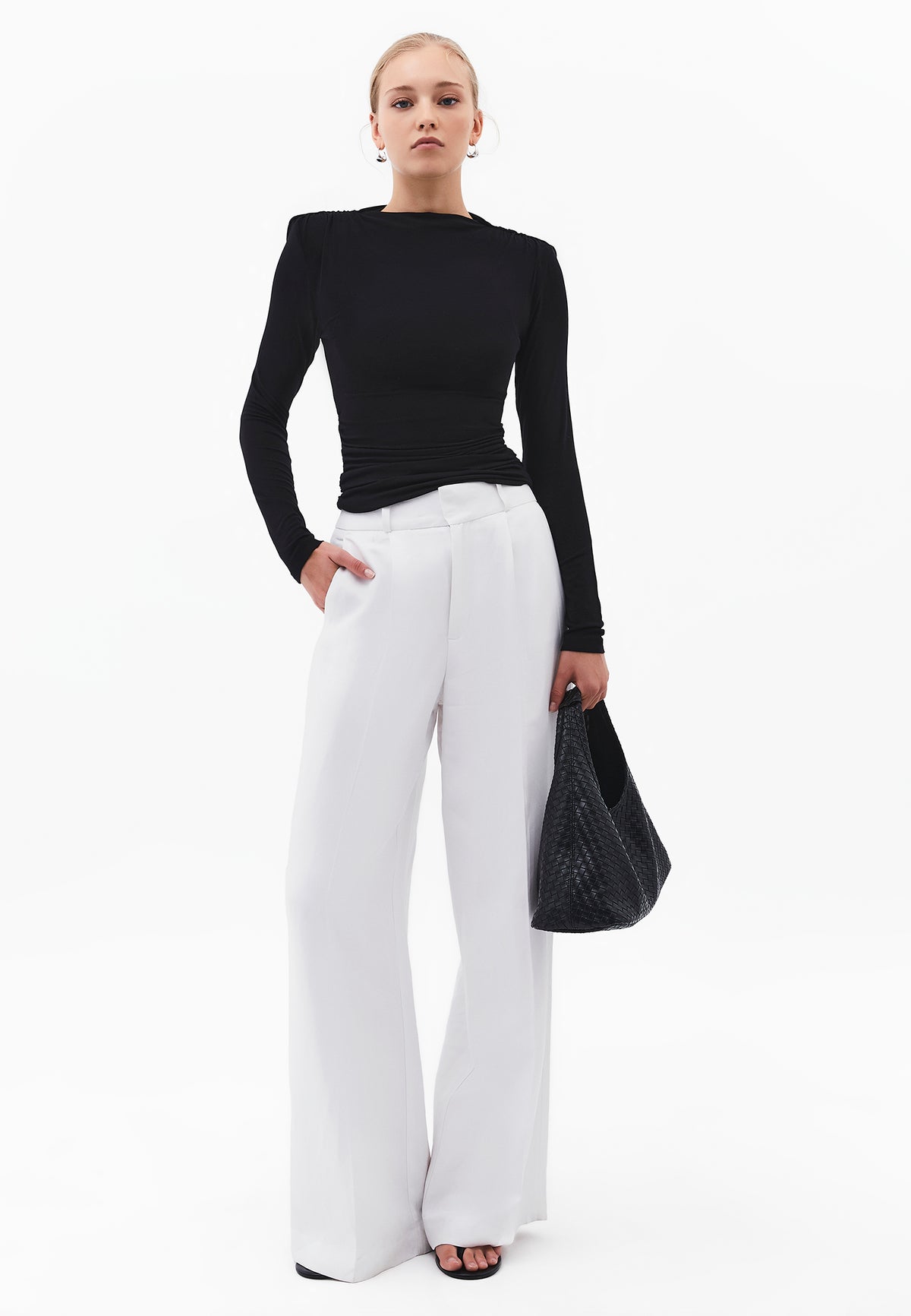 Sleeveless High Neck Ruched T-Shirt - BLACK