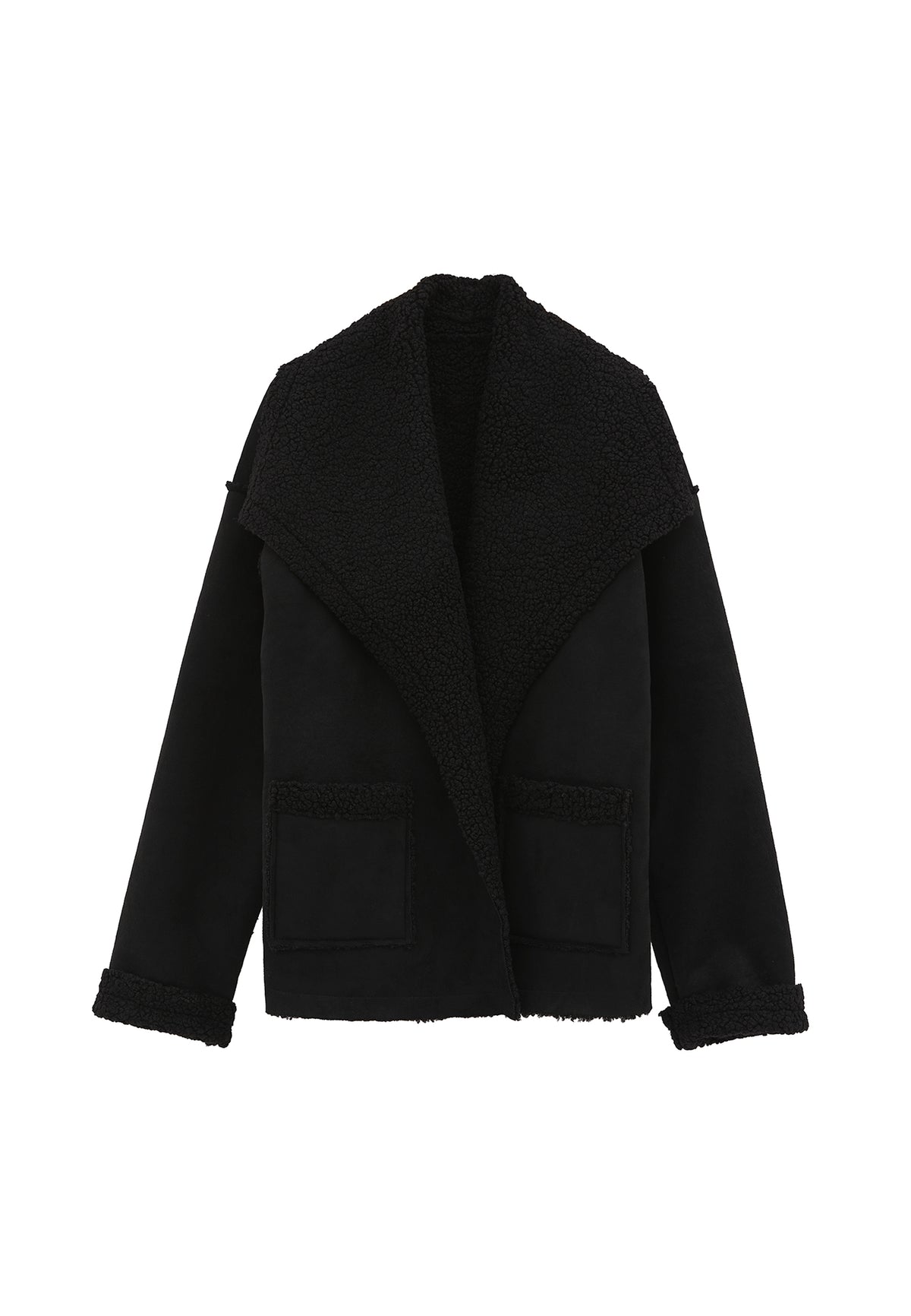 Shawl Collar Long Sleeve Bouclé Jacket - BLACK