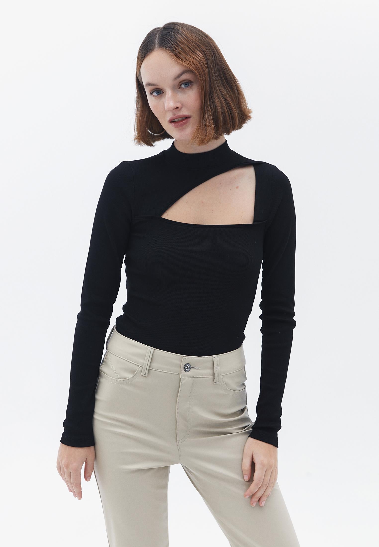 High Neck Long Sleeve Bodycon T-Shirt - BLACK