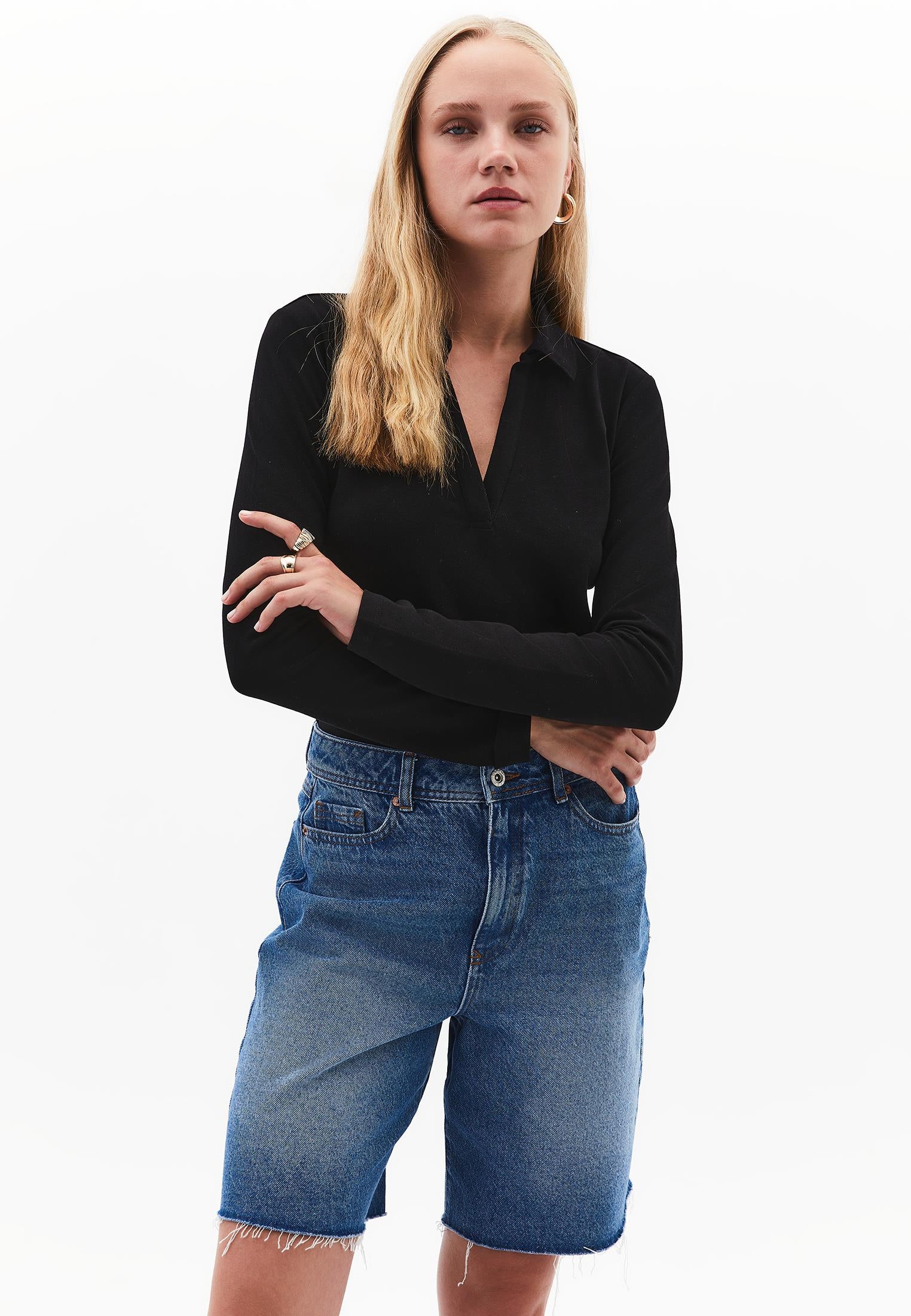 Standard Polo Collar T-Shirt With Slit Detail - BLACK