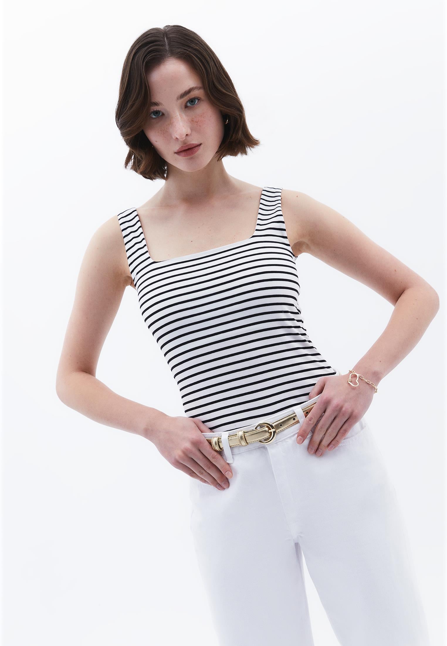 Square Neck Tank Top - WHITE/BLACK