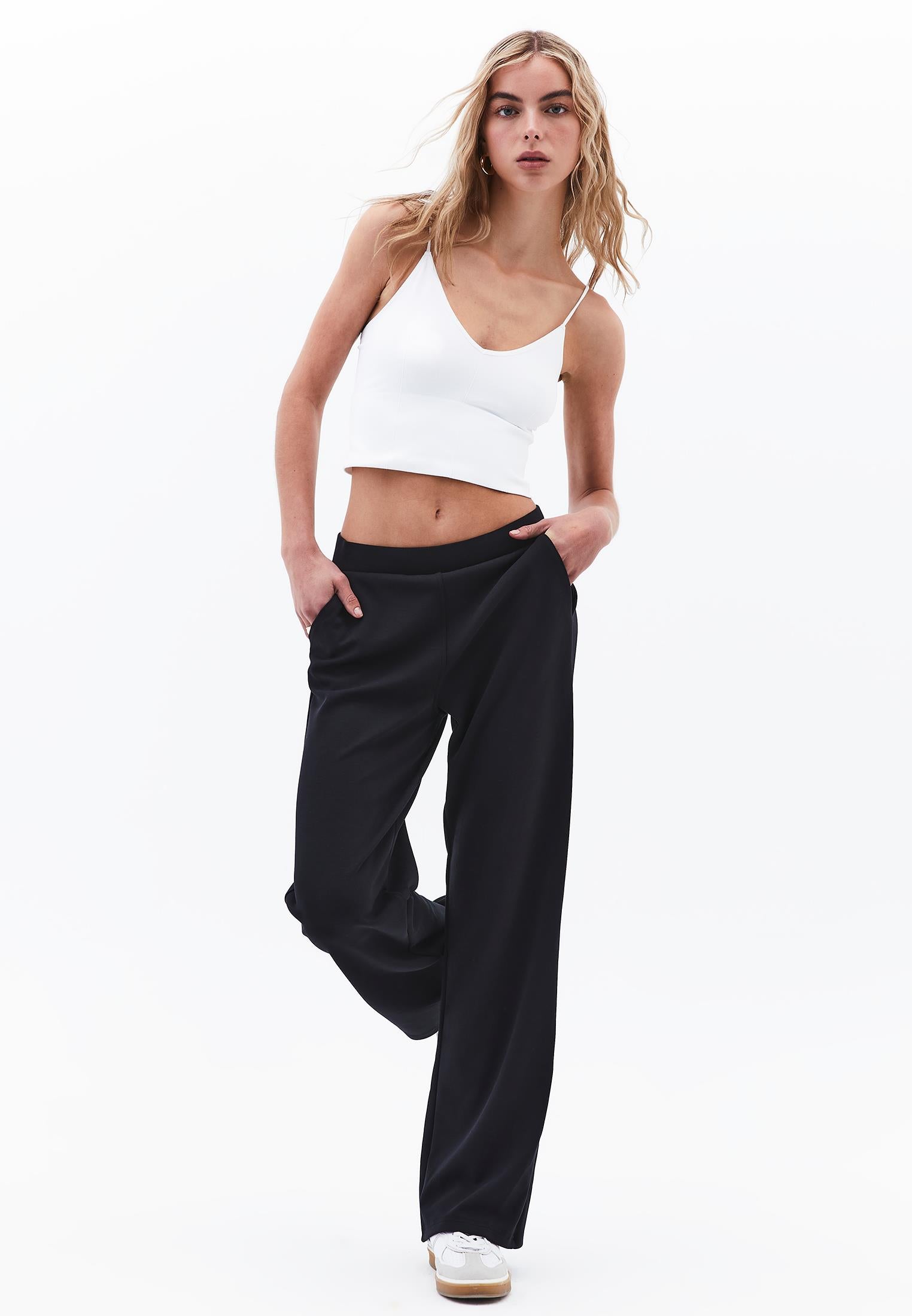High Waist Straight Leg Elastic Waist Pants - BLACK
