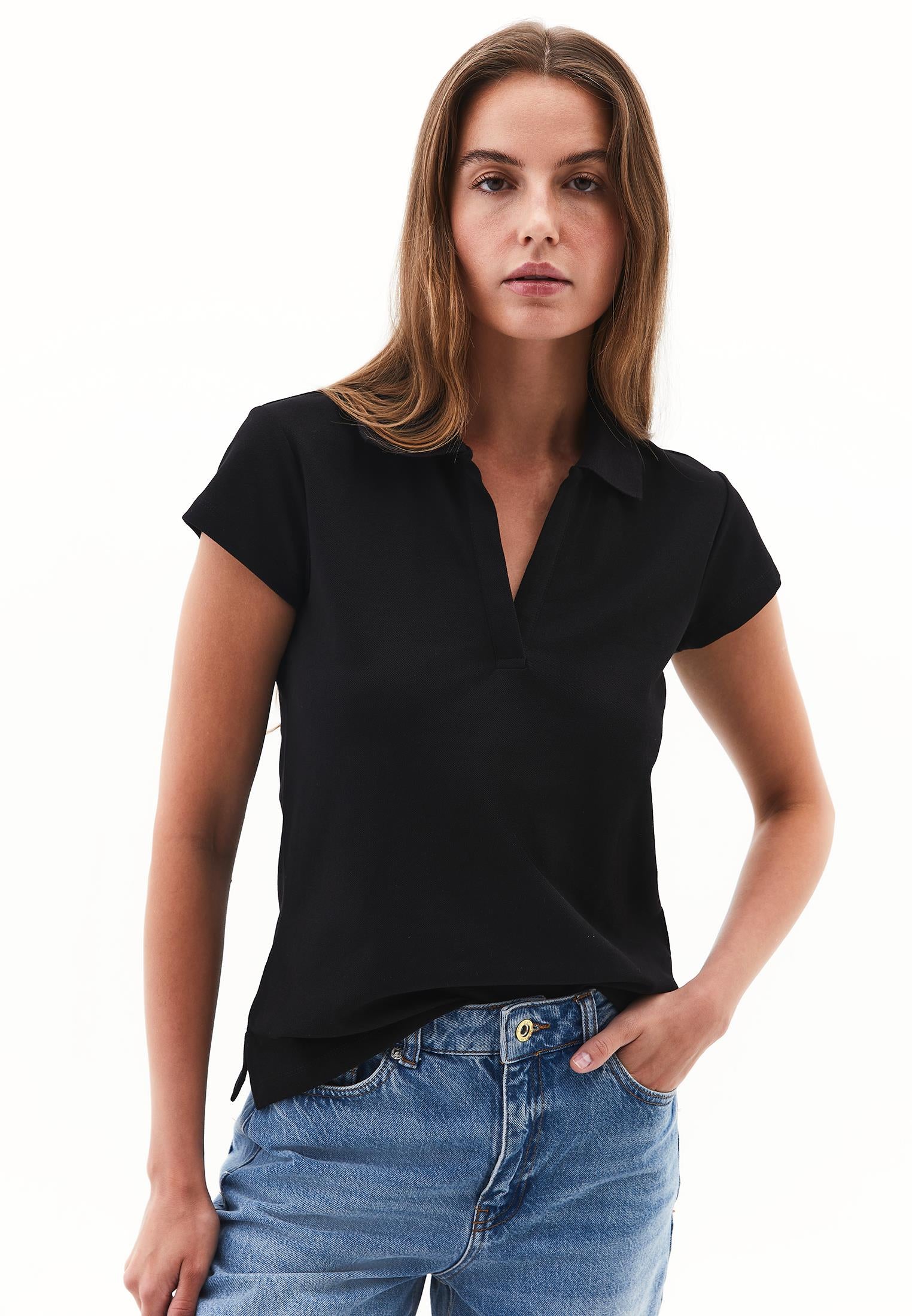 Polo Collar Short Sleeve Standard T-Shirt - BLACK
