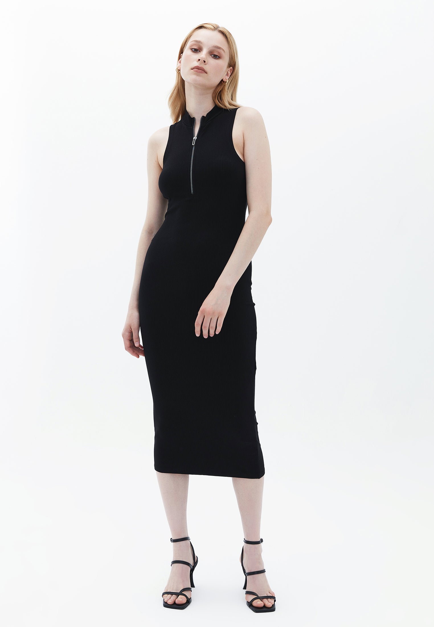 High Neck Sleeveless Bodycon Midi Dress - BLACK