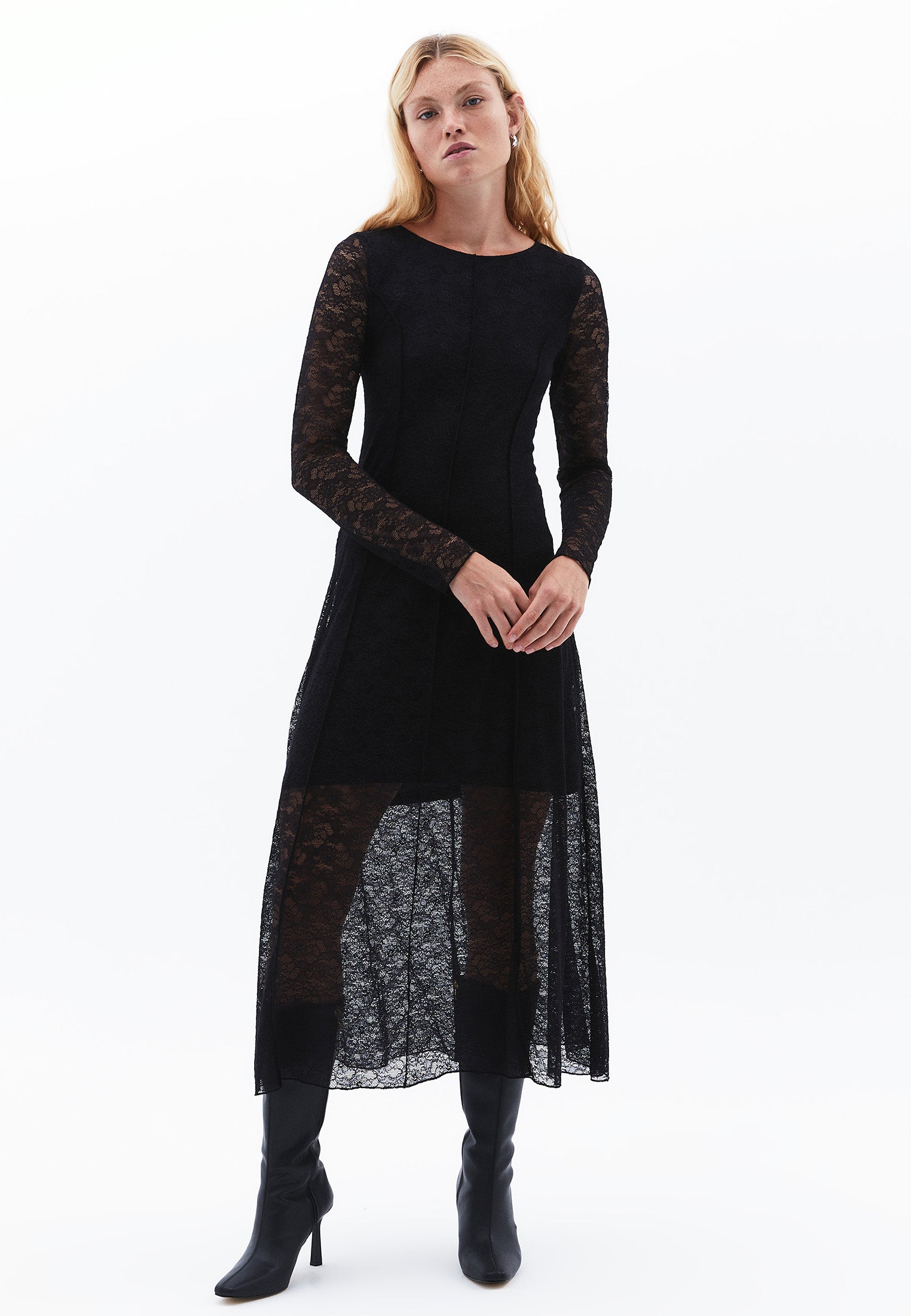 A-Line Long Crew Neck Cut-Out Detailed Dress - BLACK