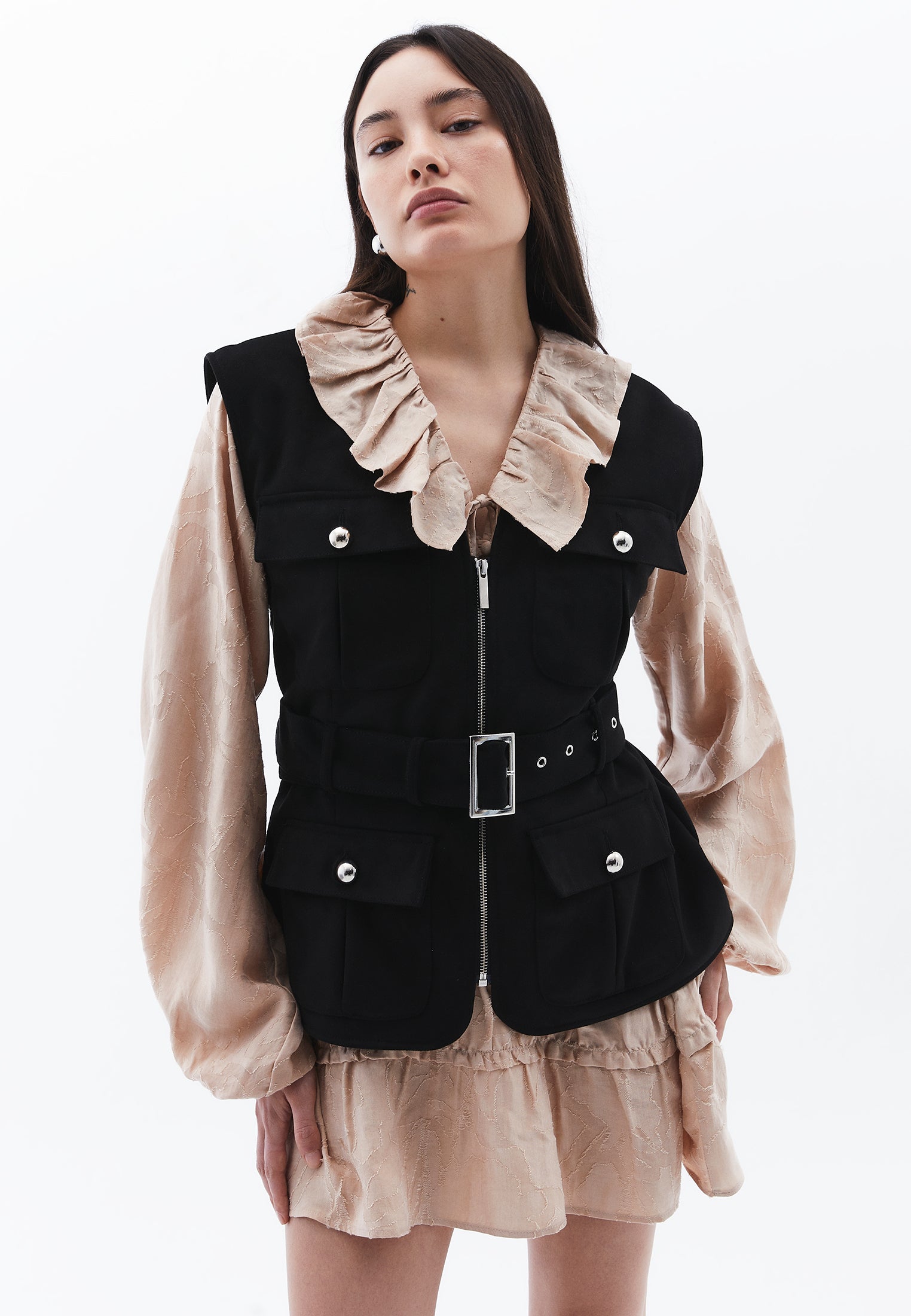 V Neck Belted Vest - BLACK