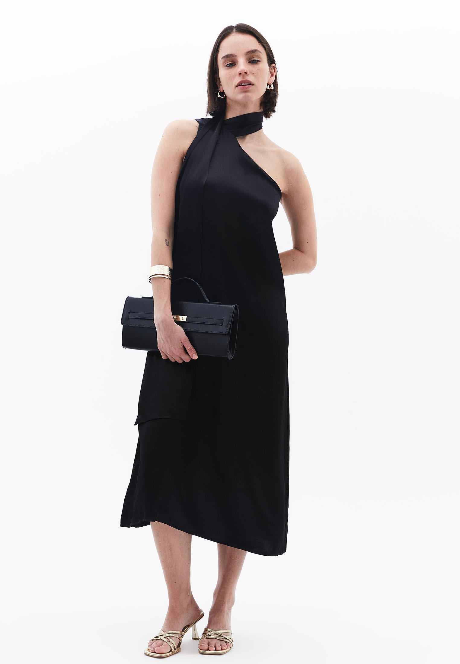 Asymmetric Collar Viscose Dress - BLACK
