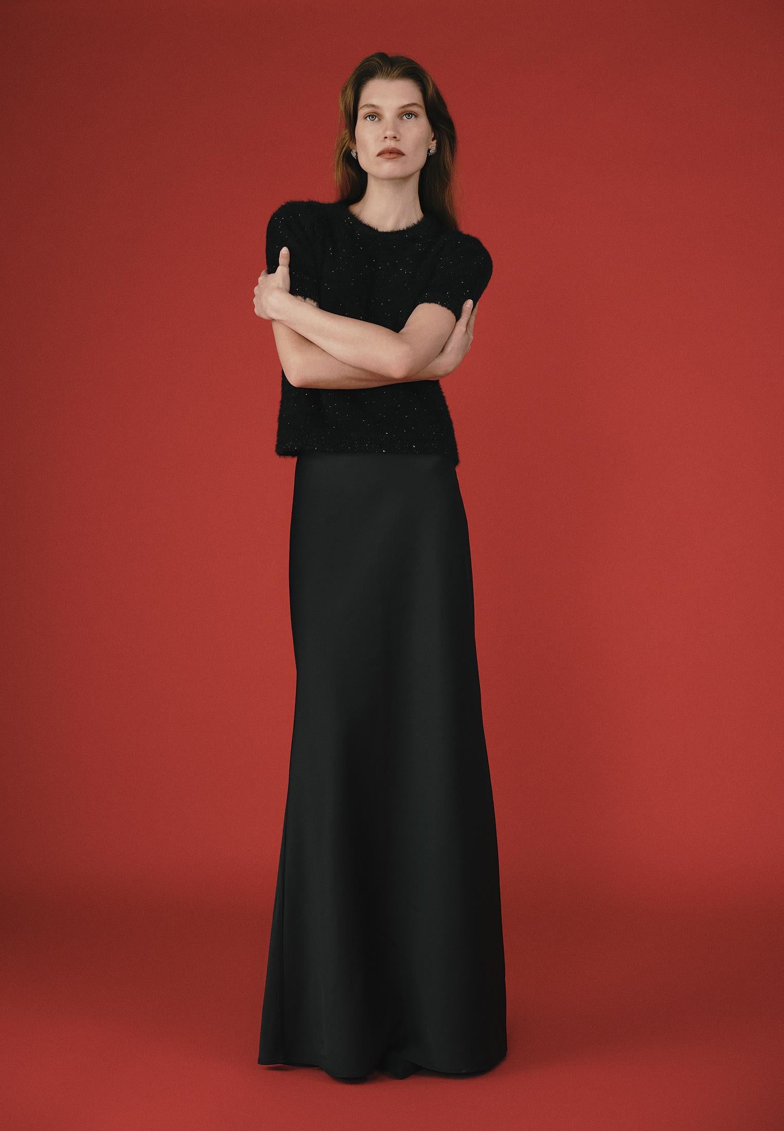 High Waist Slim Fit Long Skirt - BLACK