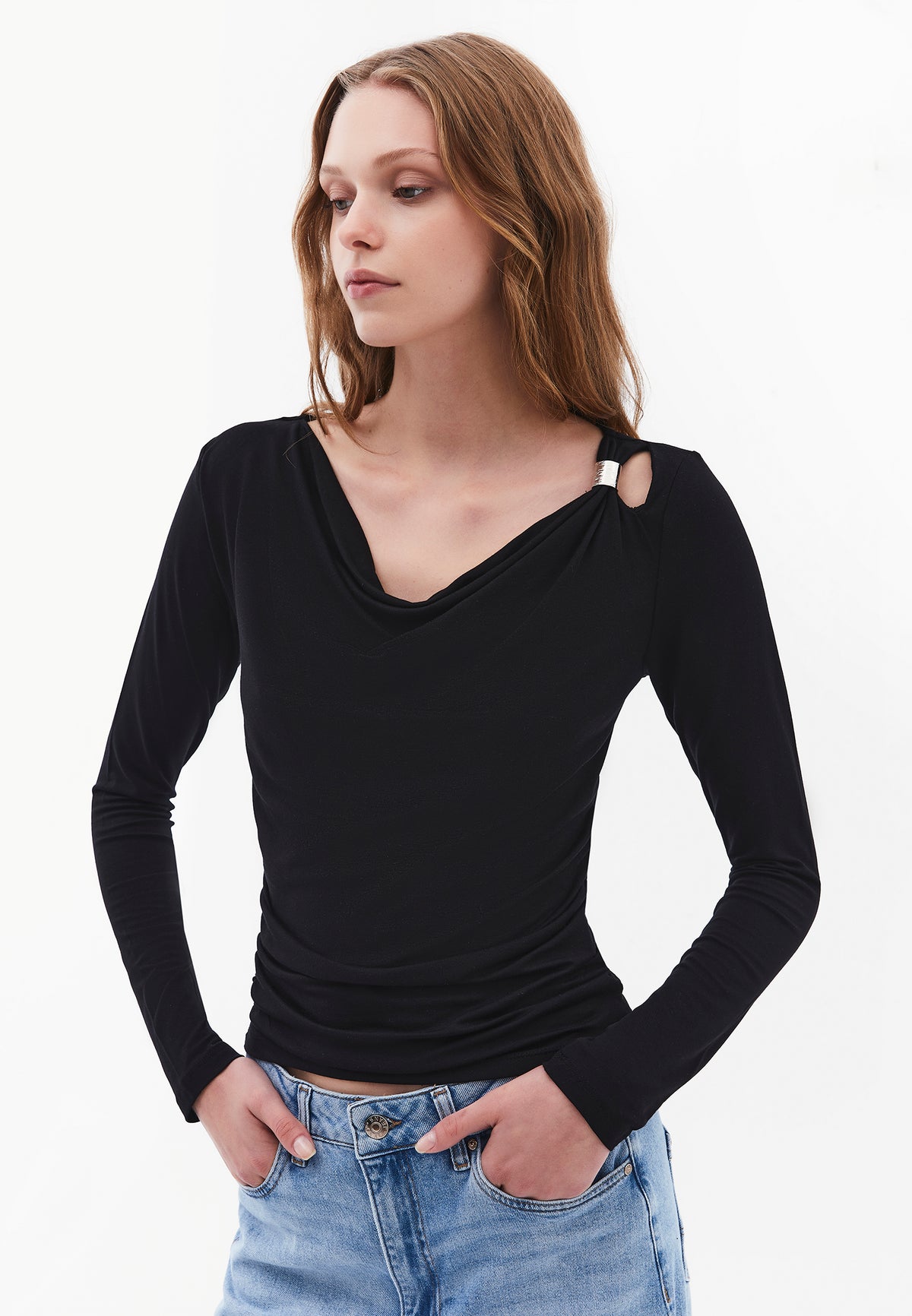 Draped Neck Long Sleeve Blouse - BLACK