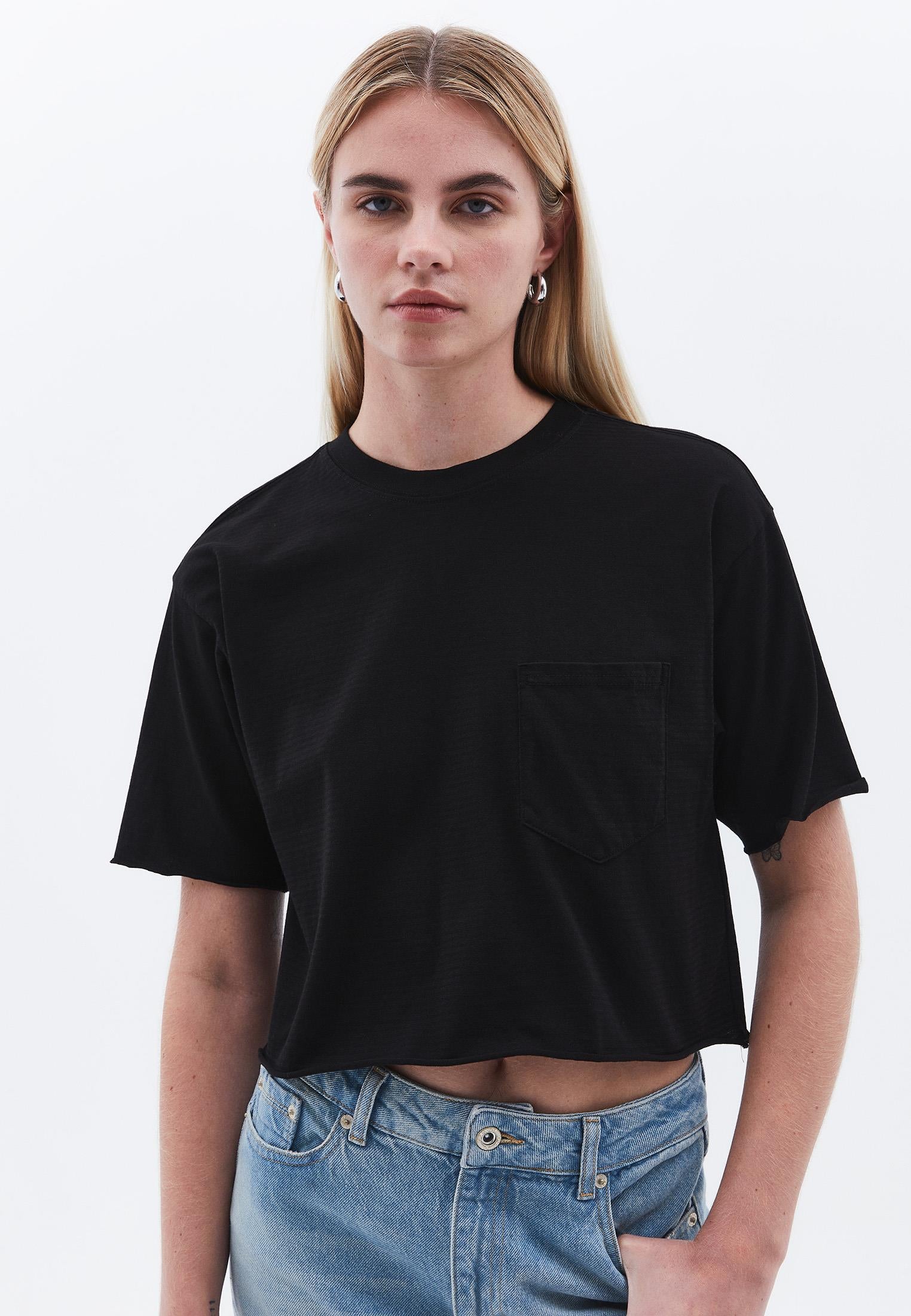 Cropped T-Shirt With Pocket Detail - BLACK