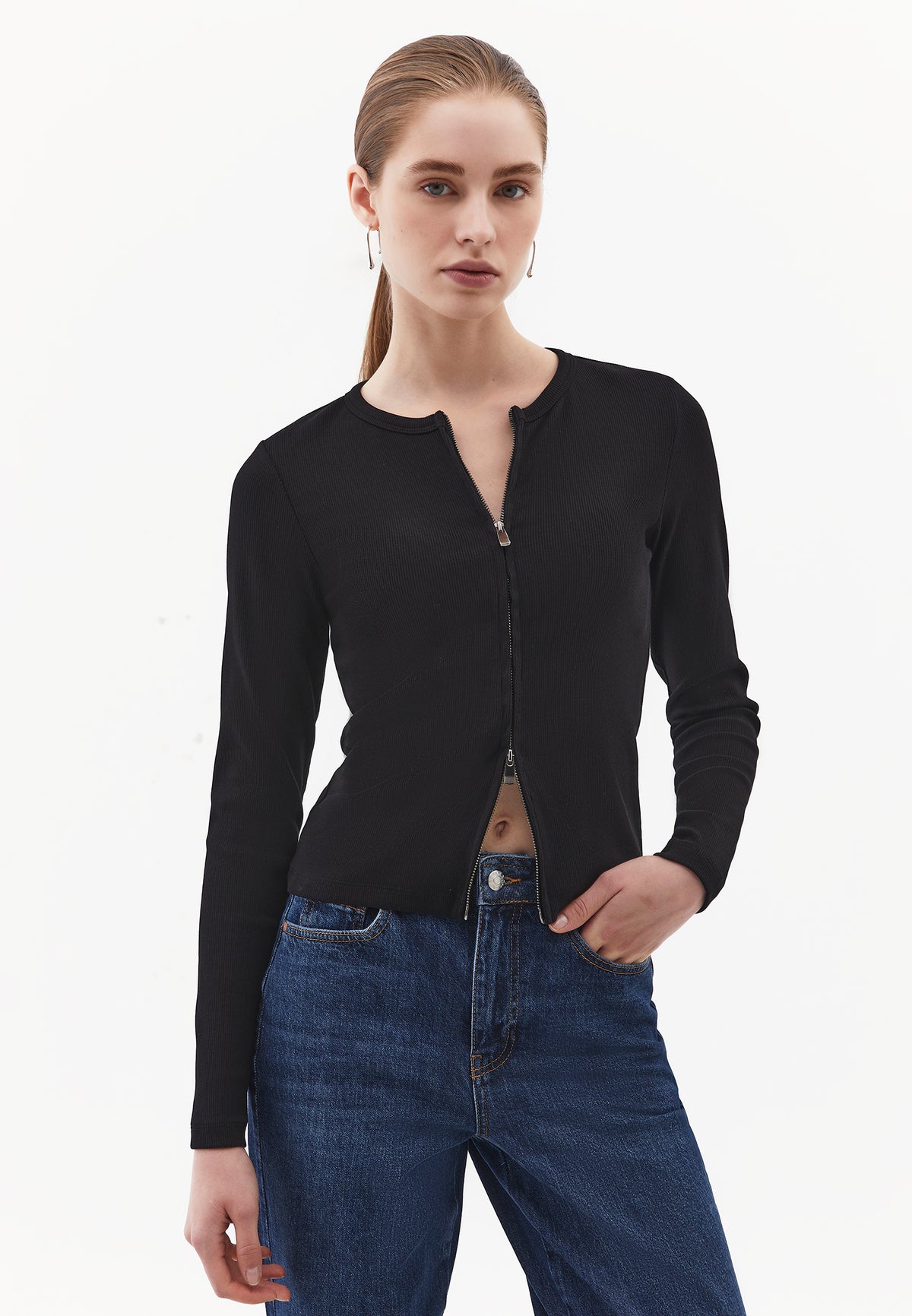 Crew Neck Long Sleeve Zip Detailed Bodycon T-Shirt - BLACK