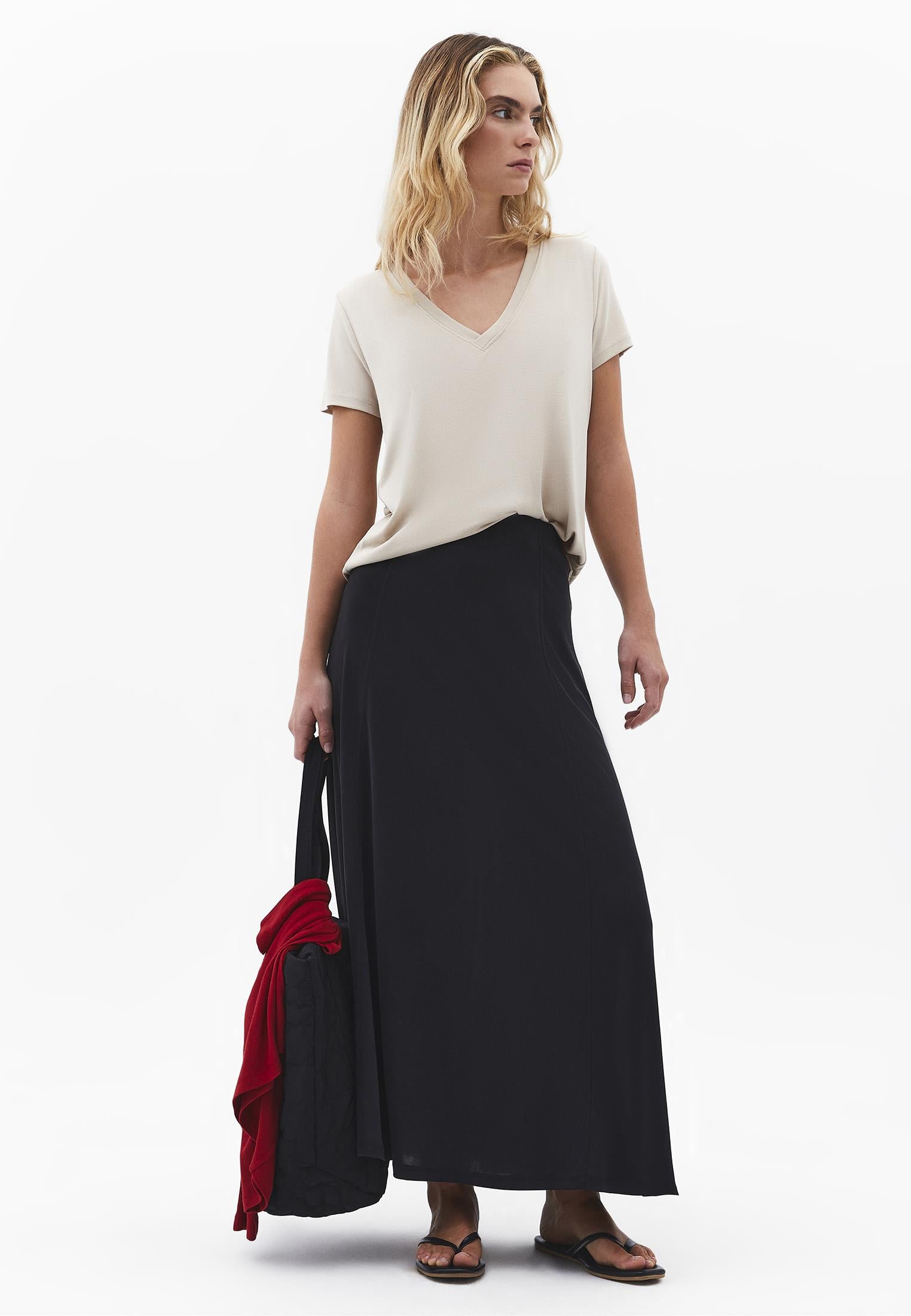 High Waist A Line Midi Skirt - BLACK