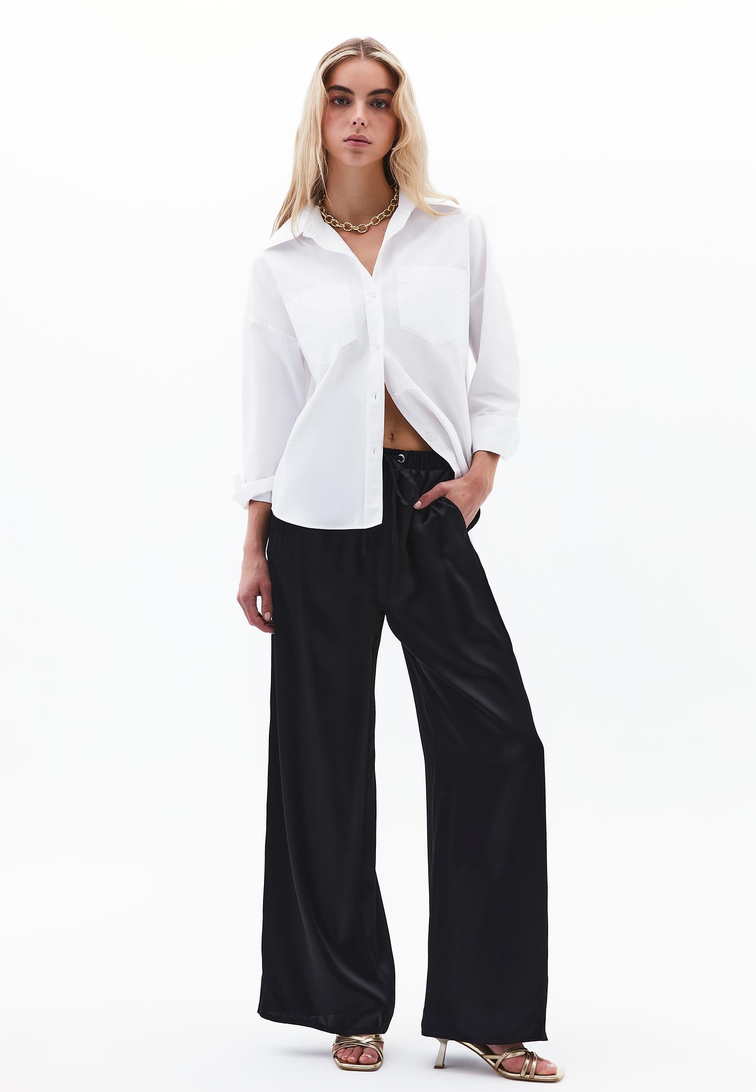 Wide Leg High Waist Elastic Waistband Trouser - BLACK