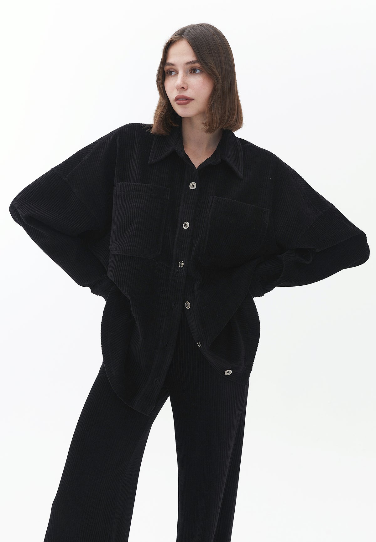 Oversize Long Sleeve Shirt With Pocket Detail - BLACK
