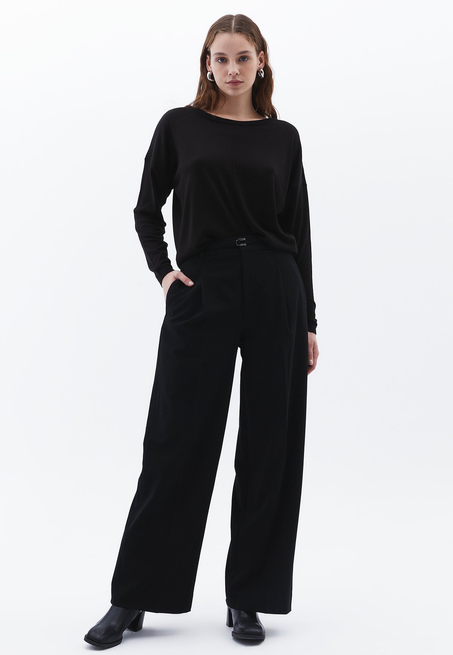 Straight Pants With Belt Detail - BLACK
